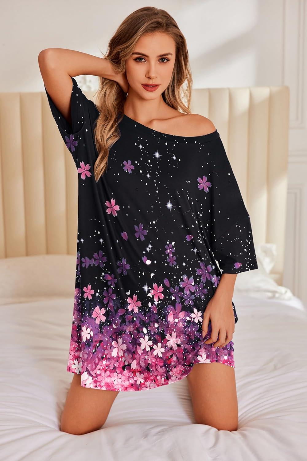 imageEkouaer Plus Size Nightgowns for Women Oversized Sleep Shirt Short Sleeve Nightshirt TShirt Dress Sleepwear S5XLBlack Sakura