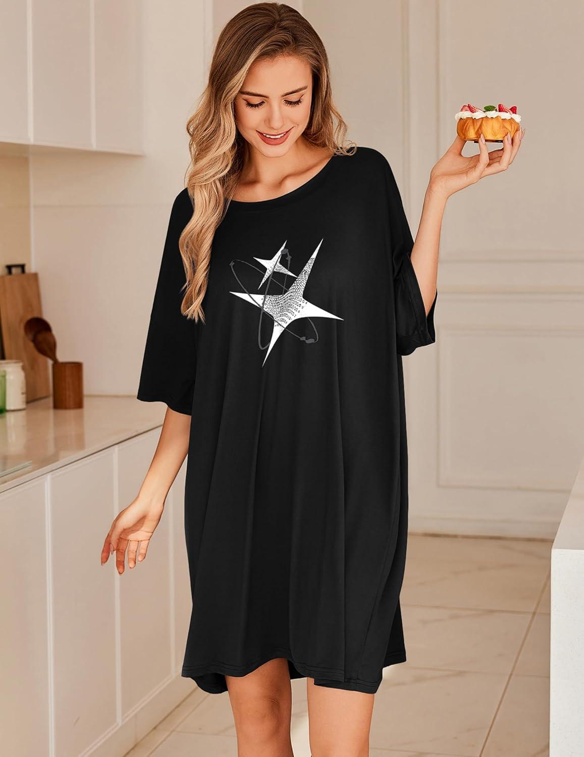 imageEkouaer Plus Size Nightgowns for Women Oversized Sleep Shirt Short Sleeve Nightshirt TShirt Dress Sleepwear S5XLBlack Starlight