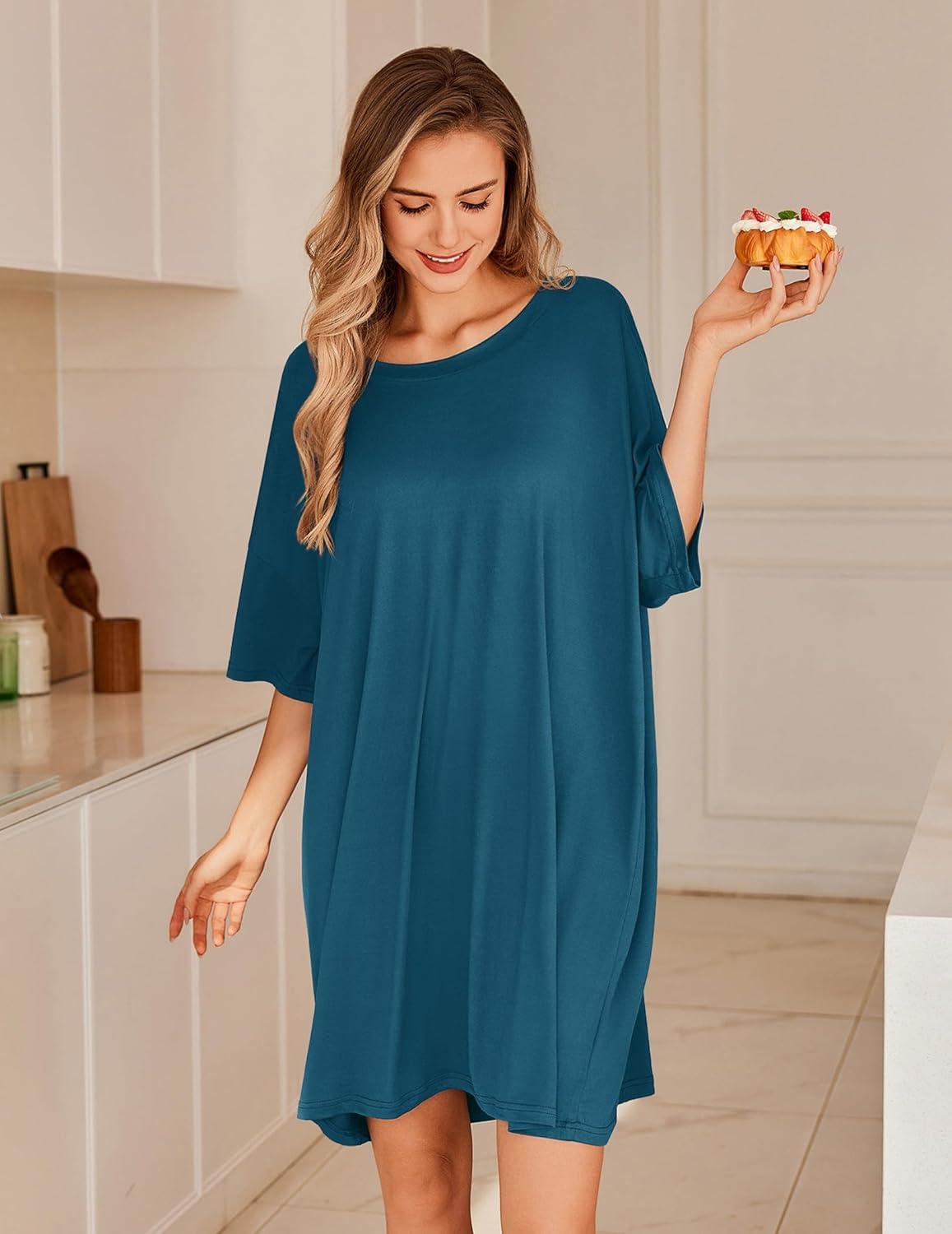 imageEkouaer Plus Size Nightgowns for Women Oversized Sleep Shirt Short Sleeve Nightshirt TShirt Dress Sleepwear S5XLBlue Green