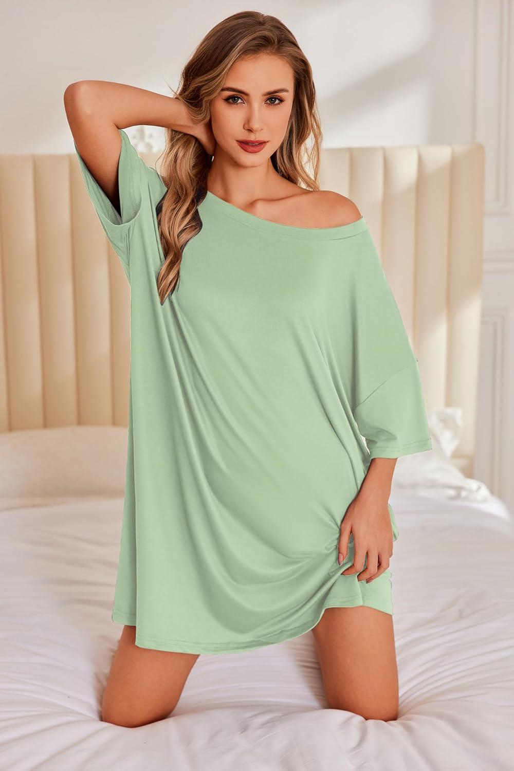 imageEkouaer Plus Size Nightgowns for Women Oversized Sleep Shirt Short Sleeve Nightshirt TShirt Dress Sleepwear S5XLLight Green