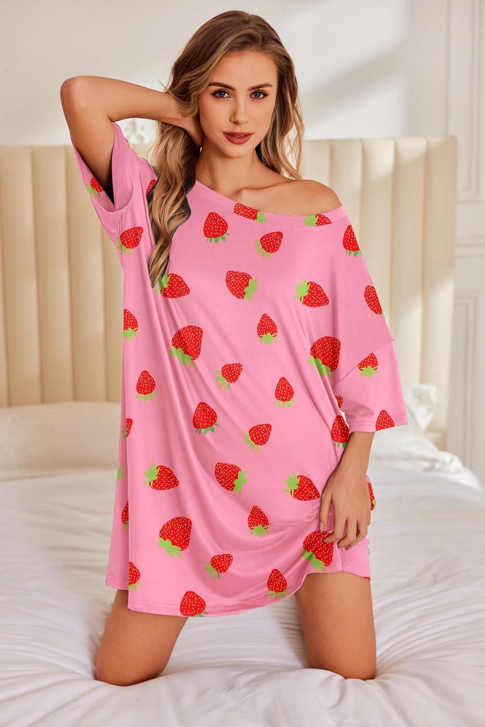 imageEkouaer Plus Size Nightgowns for Women Oversized Sleep Shirt Short Sleeve Nightshirt TShirt Dress Sleepwear S5XLPink Strawberry