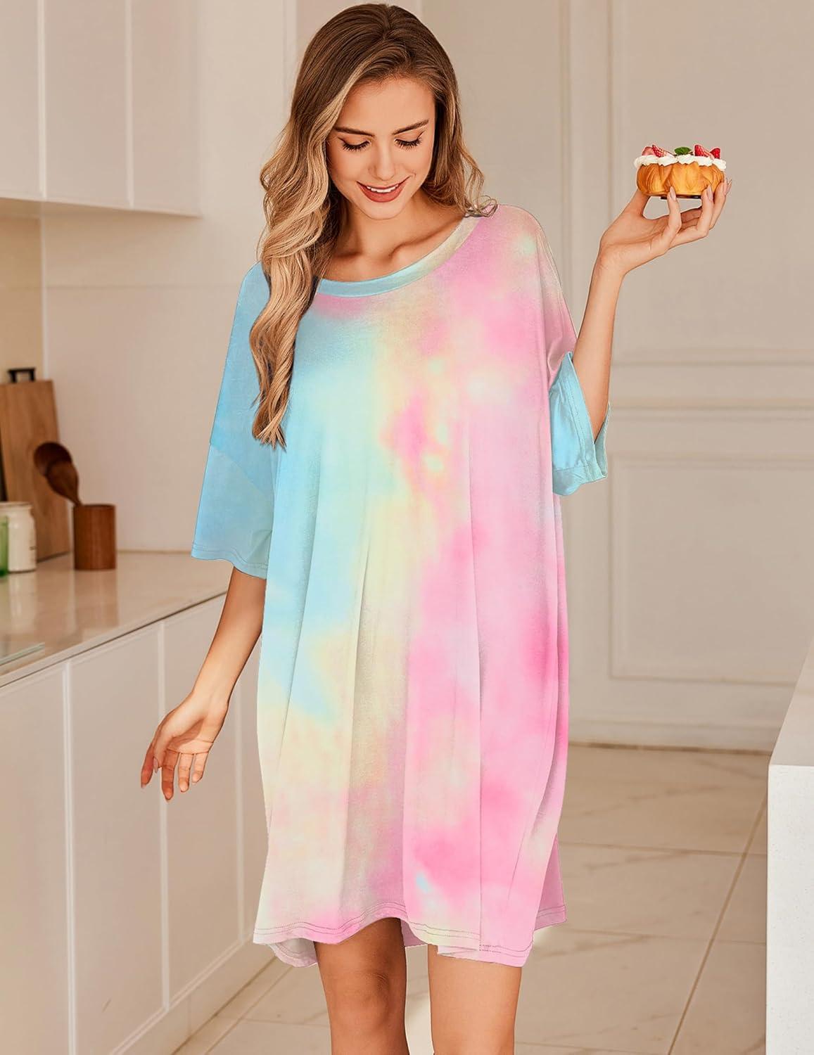 imageEkouaer Plus Size Nightgowns for Women Oversized Sleep Shirt Short Sleeve Nightshirt TShirt Dress Sleepwear S5XLTie Dye Pink