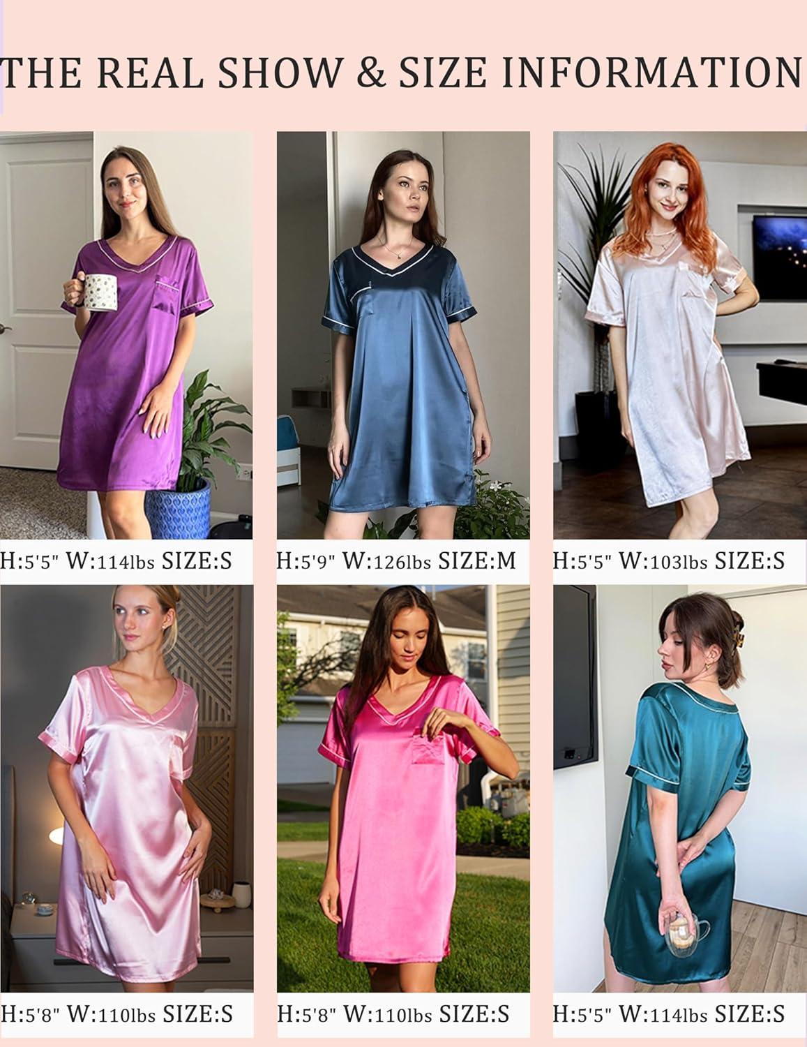 imageEkouaer Satin Nightgowns for Women Silk Sleep Shirt Silky Loose Sleepwear V Neck Nightshirt Short Sleeve PajamasNavy Blue