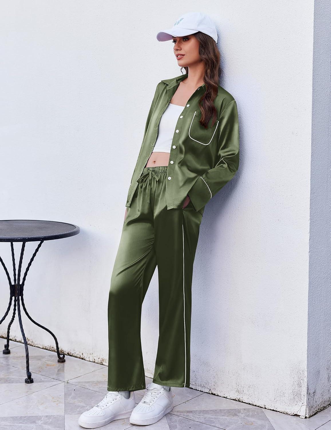 imageEkouaer Silk Pajamas for Women Satin Pajama Sets Button Down Lounge Sets Silky Pajama Long Pants Sleepwear with PocketsArmy Green