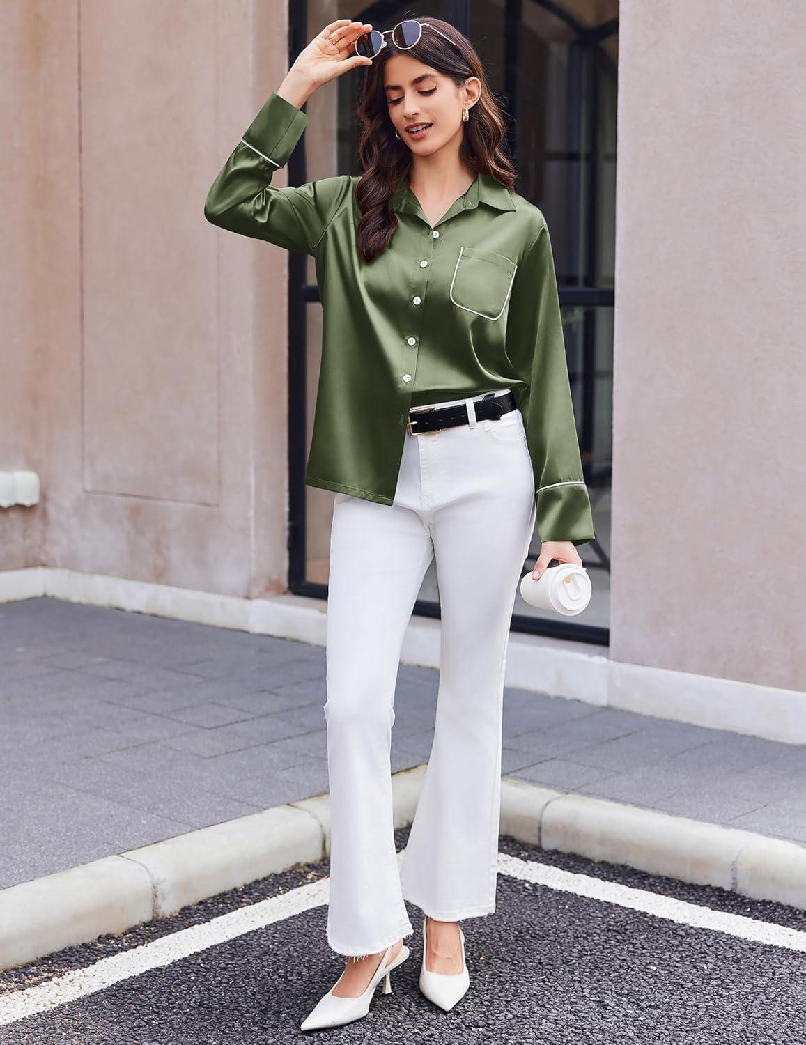 imageEkouaer Silk Pajamas for Women Satin Pajama Sets Button Down Lounge Sets Silky Pajama Long Pants Sleepwear with PocketsArmy Green