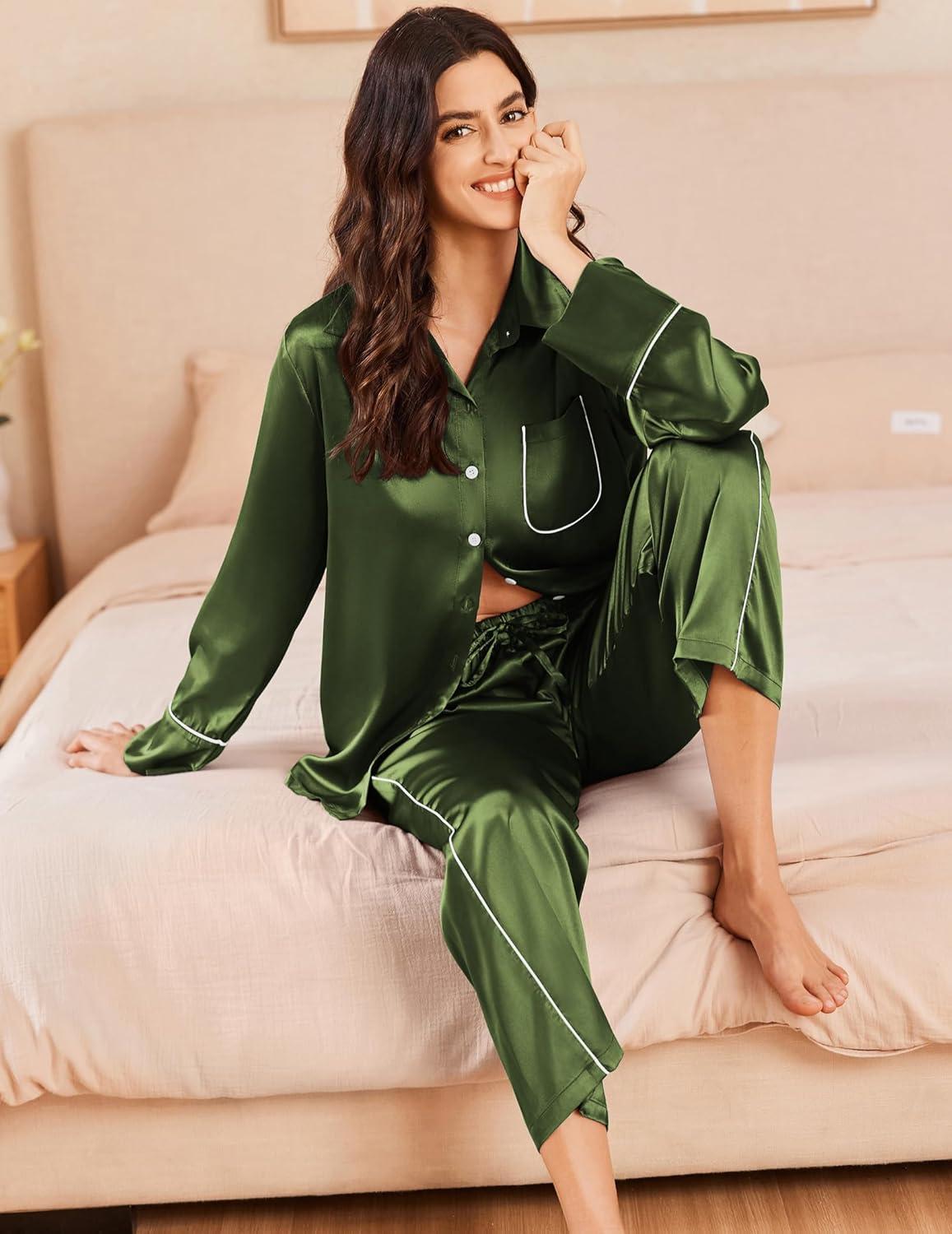 imageEkouaer Silk Pajamas for Women Satin Pajama Sets Button Down Lounge Sets Silky Pajama Long Pants Sleepwear with PocketsArmy Green
