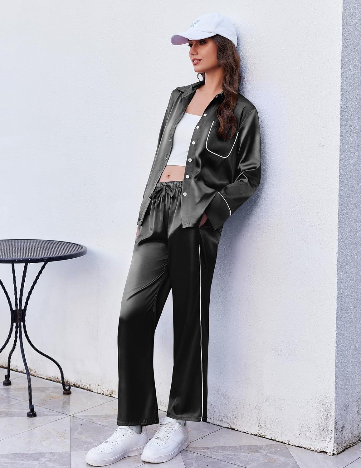 imageEkouaer Silk Pajamas for Women Satin Pajama Sets Button Down Lounge Sets Silky Pajama Long Pants Sleepwear with PocketsBlack