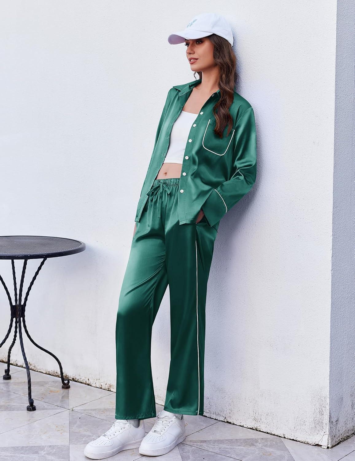 imageEkouaer Silk Pajamas for Women Satin Pajama Sets Button Down Lounge Sets Silky Pajama Long Pants Sleepwear with PocketsBlue