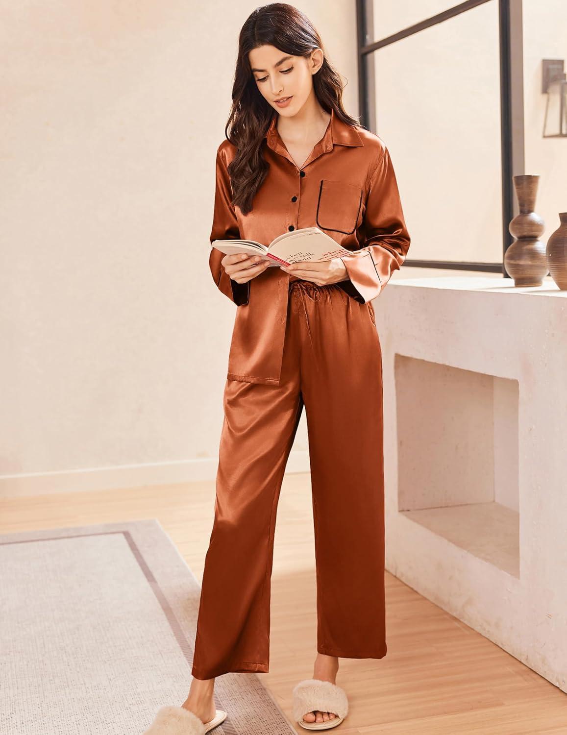 imageEkouaer Silk Pajamas for Women Satin Pajama Sets Button Down Lounge Sets Silky Pajama Long Pants Sleepwear with PocketsCaramel