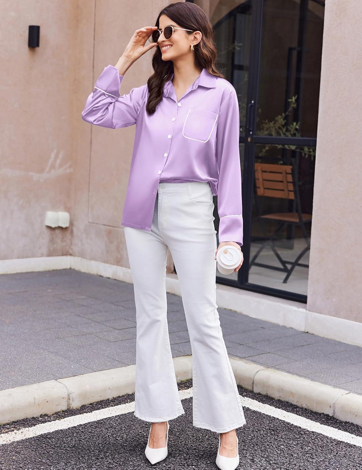 imageEkouaer Silk Pajamas for Women Satin Pajama Sets Button Down Lounge Sets Silky Pajama Long Pants Sleepwear with PocketsLight Purple