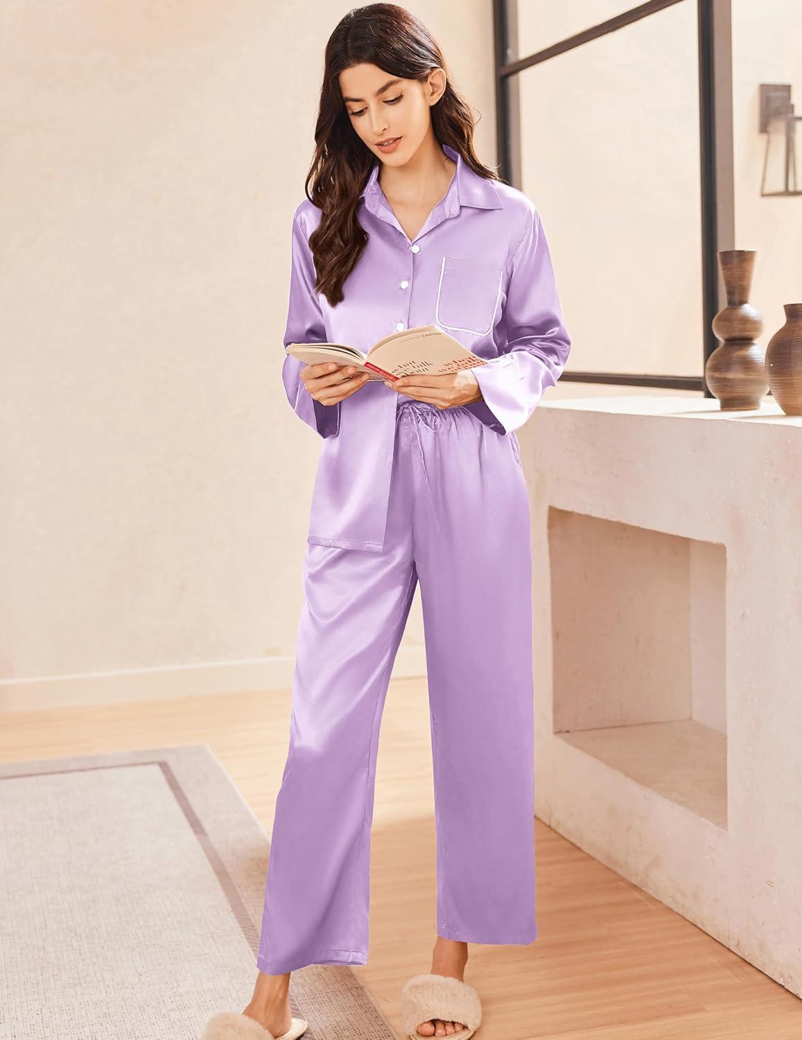 imageEkouaer Silk Pajamas for Women Satin Pajama Sets Button Down Lounge Sets Silky Pajama Long Pants Sleepwear with PocketsLight Purple