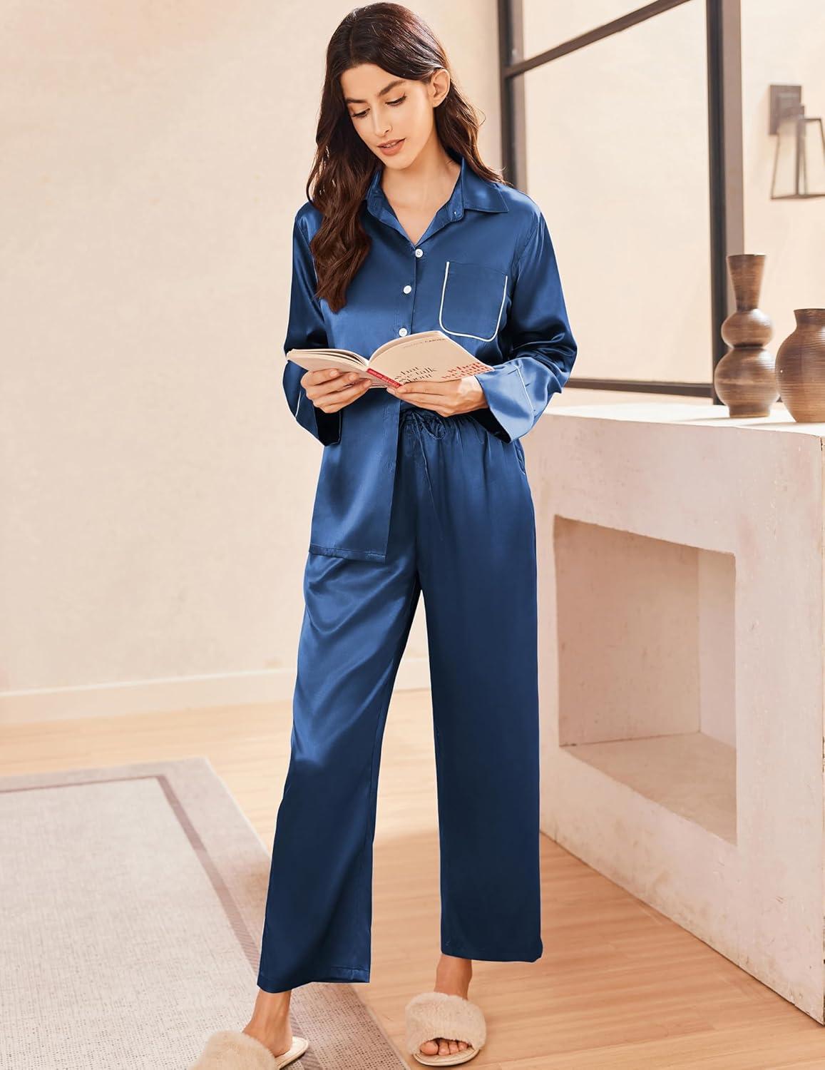 imageEkouaer Silk Pajamas for Women Satin Pajama Sets Button Down Lounge Sets Silky Pajama Long Pants Sleepwear with PocketsNavy Blue