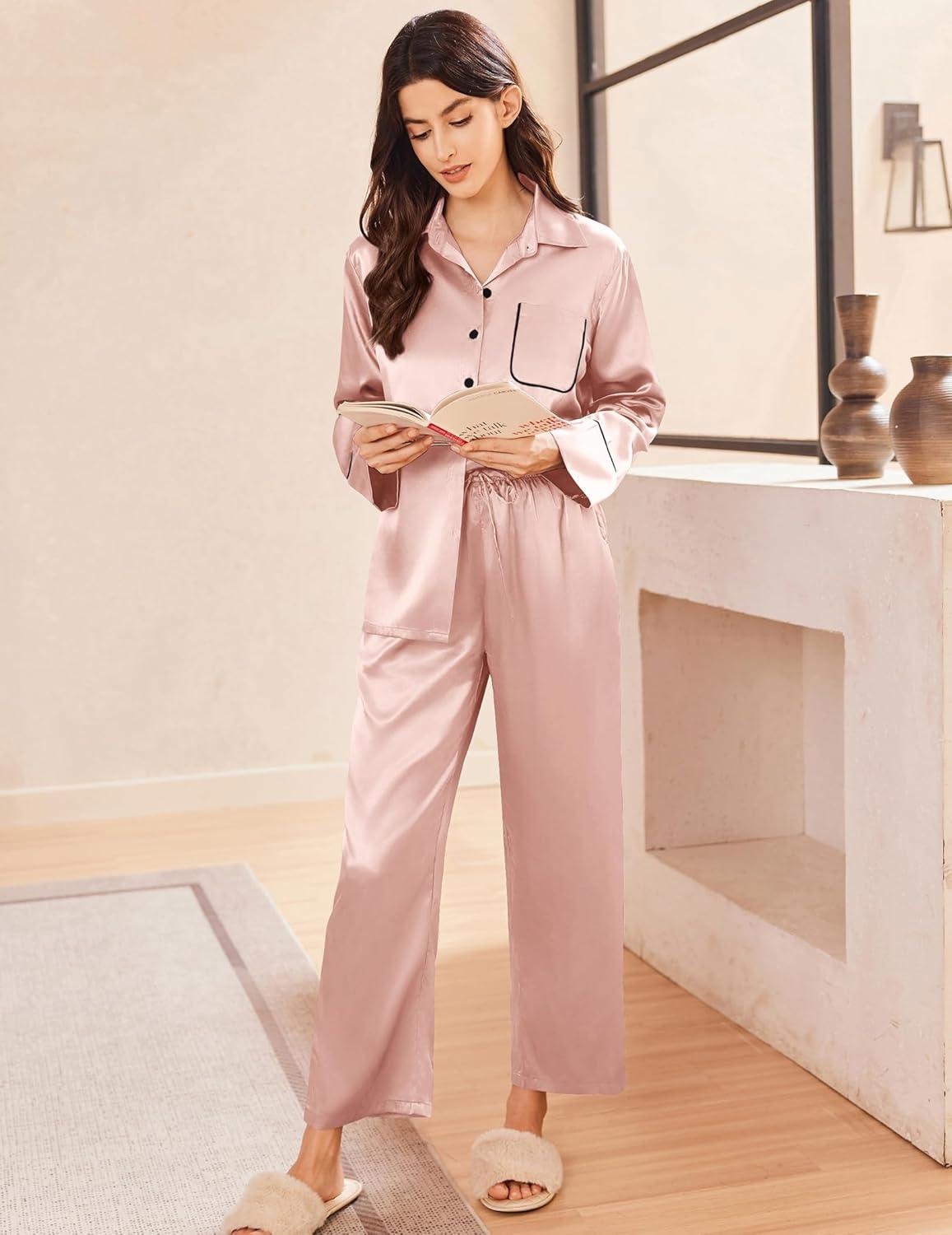 imageEkouaer Silk Pajamas for Women Satin Pajama Sets Button Down Lounge Sets Silky Pajama Long Pants Sleepwear with PocketsPink