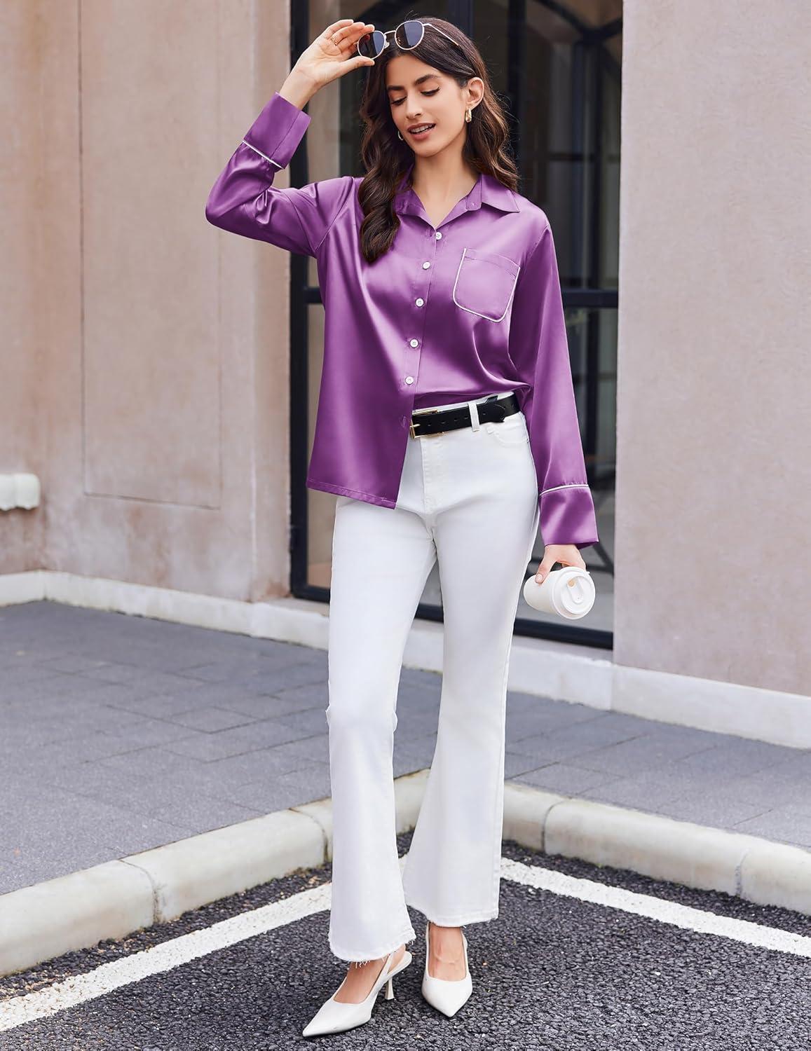 imageEkouaer Silk Pajamas for Women Satin Pajama Sets Button Down Lounge Sets Silky Pajama Long Pants Sleepwear with PocketsPurple