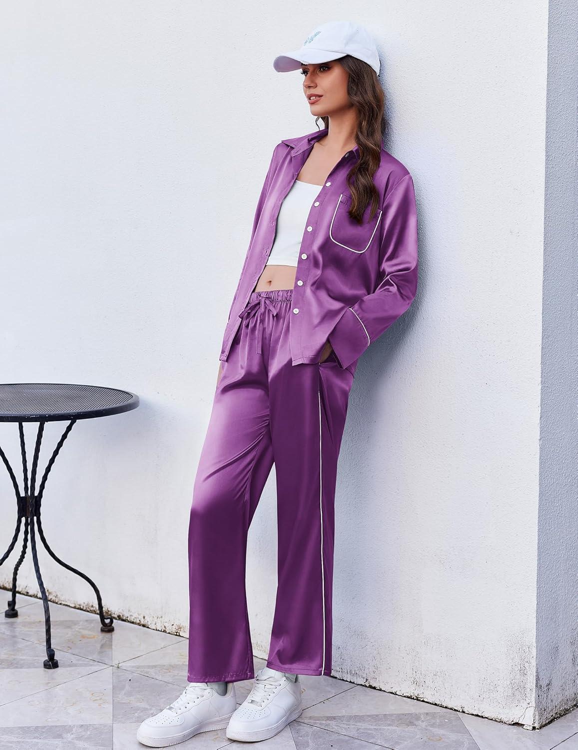imageEkouaer Silk Pajamas for Women Satin Pajama Sets Button Down Lounge Sets Silky Pajama Long Pants Sleepwear with PocketsPurple