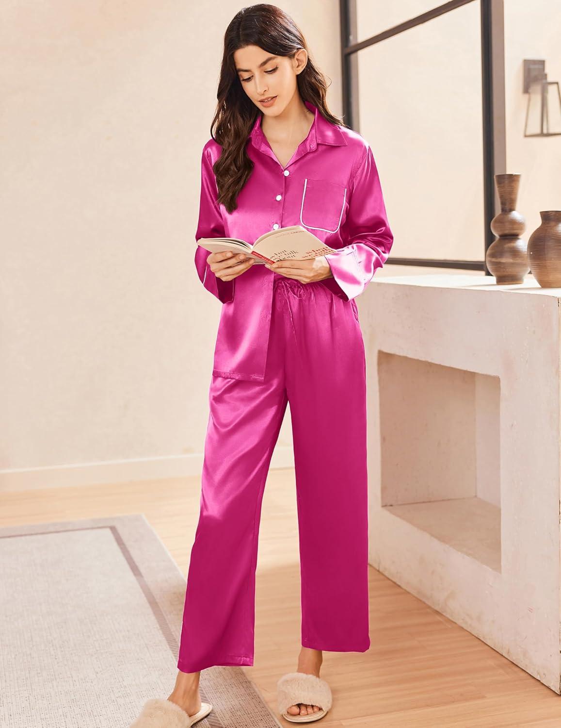 imageEkouaer Silk Pajamas for Women Satin Pajama Sets Button Down Lounge Sets Silky Pajama Long Pants Sleepwear with PocketsRose Red