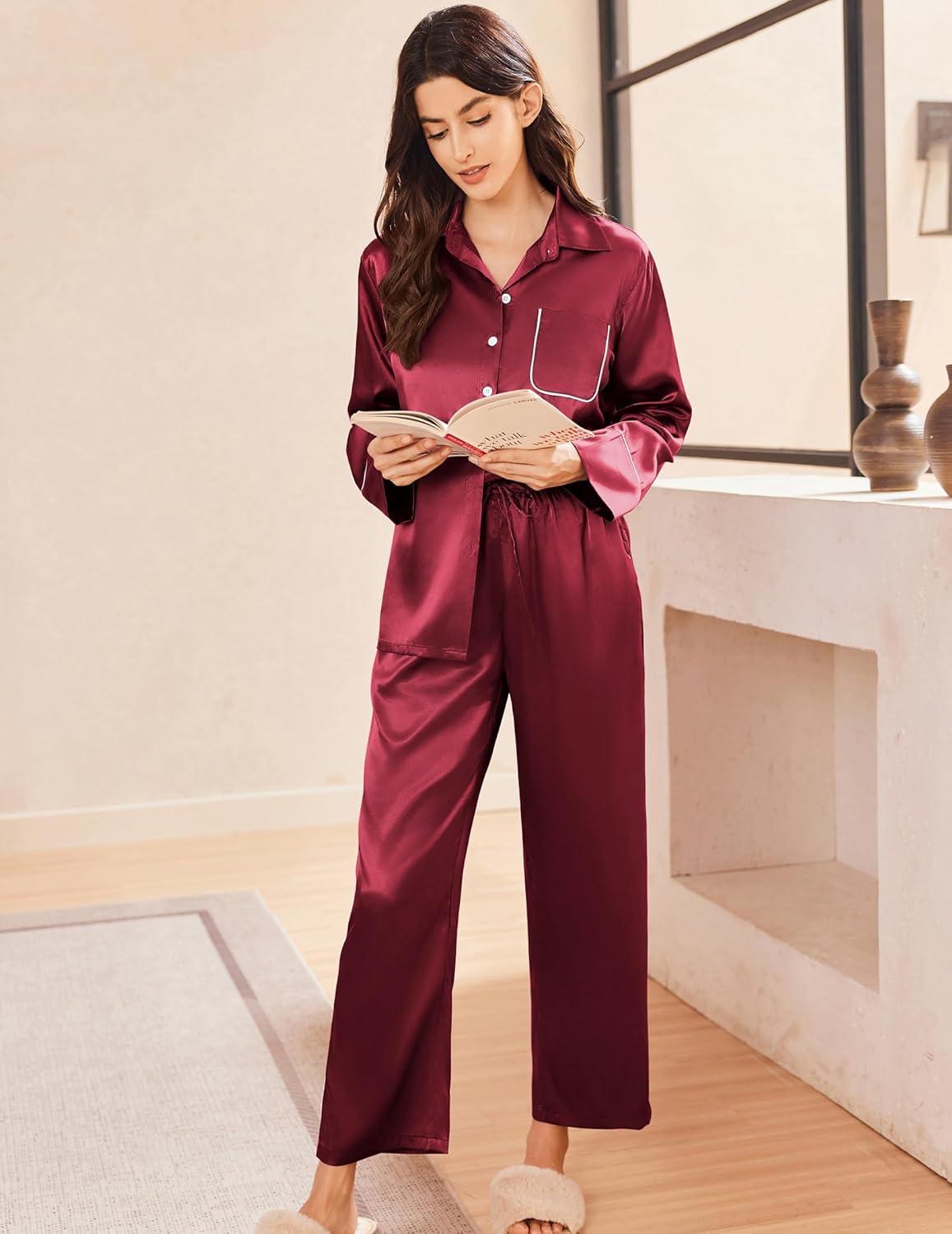 imageEkouaer Silk Pajamas for Women Satin Pajama Sets Button Down Lounge Sets Silky Pajama Long Pants Sleepwear with PocketsWine Red