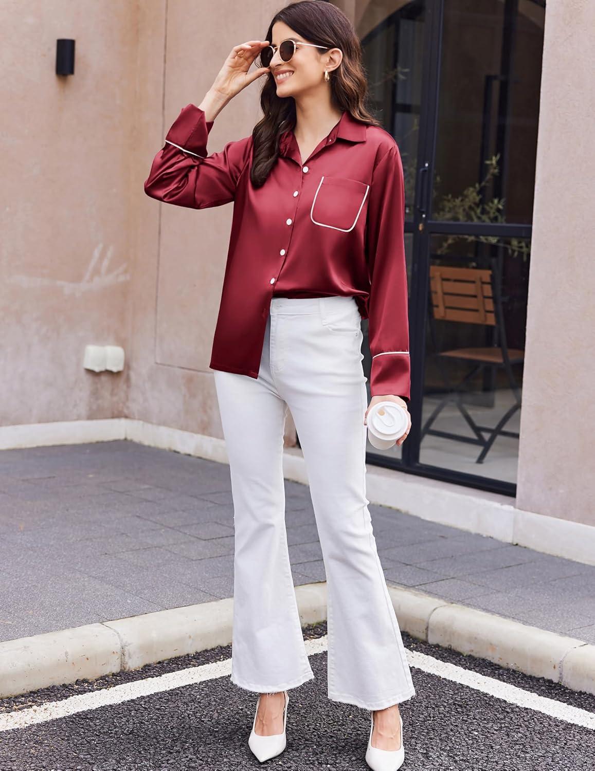 imageEkouaer Silk Pajamas for Women Satin Pajama Sets Button Down Lounge Sets Silky Pajama Long Pants Sleepwear with PocketsWine Red
