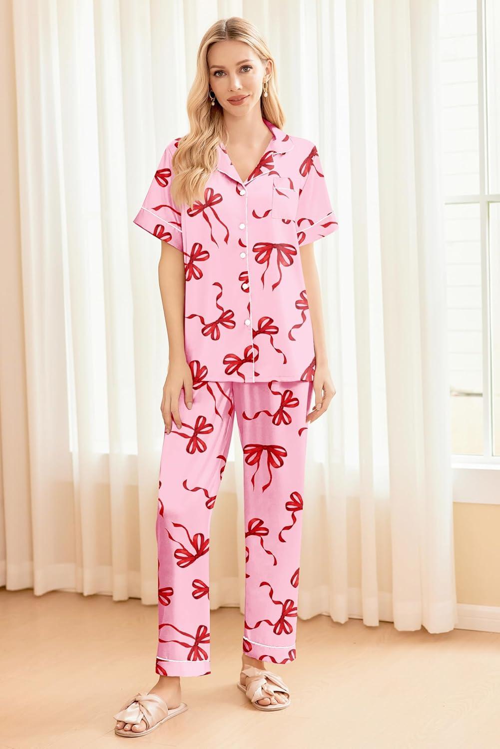 imageEkouaer Silk Pajamas for Women Set Satin Pjs Soft Short Sleeve Button Down Sleepwear 3 Piece Loungewear SXXLBow