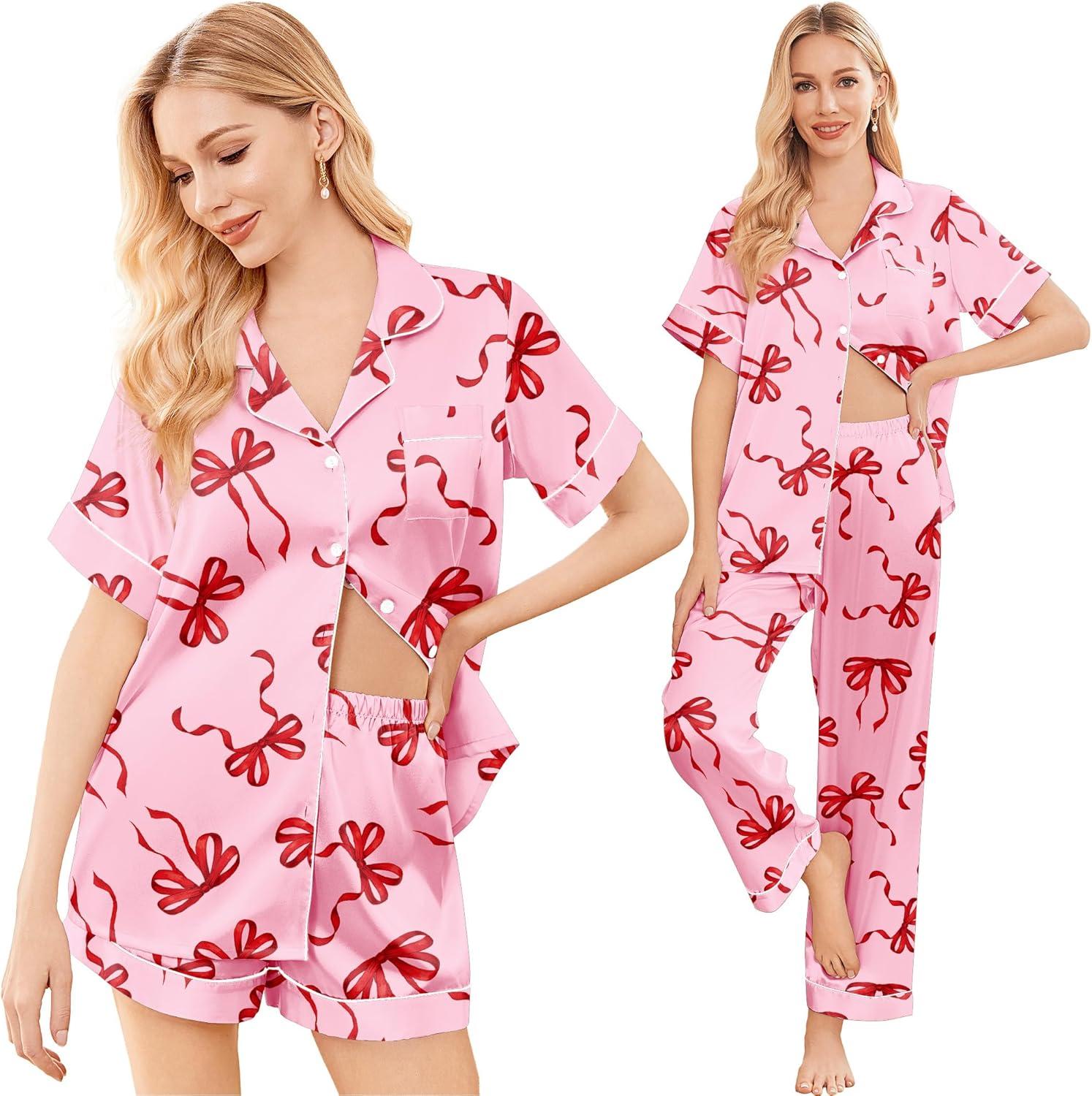 imageEkouaer Silk Pajamas for Women Set Satin Pjs Soft Short Sleeve Button Down Sleepwear 3 Piece Loungewear SXXLBow