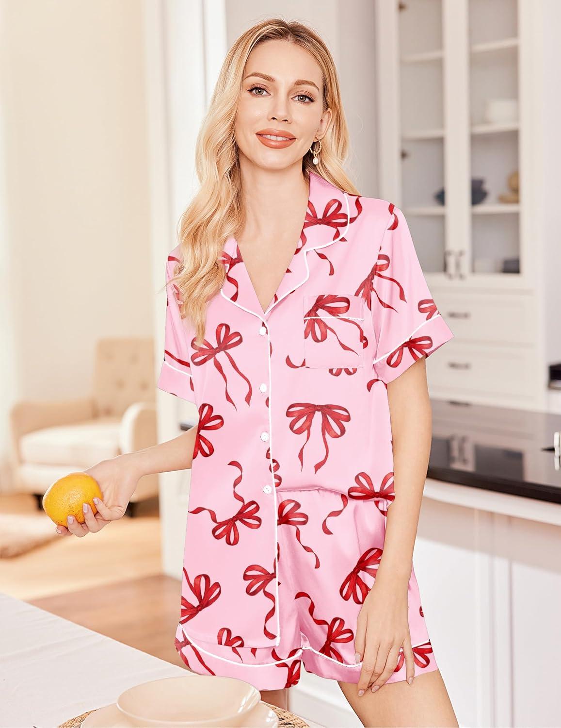 imageEkouaer Silk Pajamas for Women Set Satin Pjs Soft Short Sleeve Button Down Sleepwear 3 Piece Loungewear SXXLBow