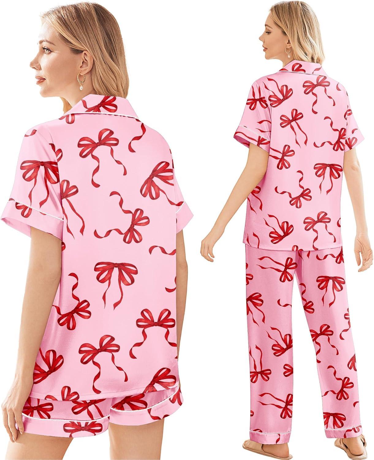 imageEkouaer Silk Pajamas for Women Set Satin Pjs Soft Short Sleeve Button Down Sleepwear 3 Piece Loungewear SXXLBow