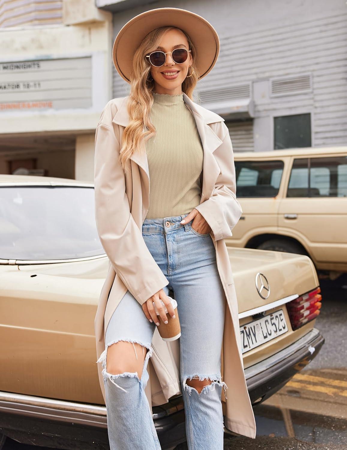 imageEkouaer Thermal Turtleneck Shirt Women Ribbed Long Sleeve Mock Neck Tops Slim Fit Lettuce Trim Base LayerBeige