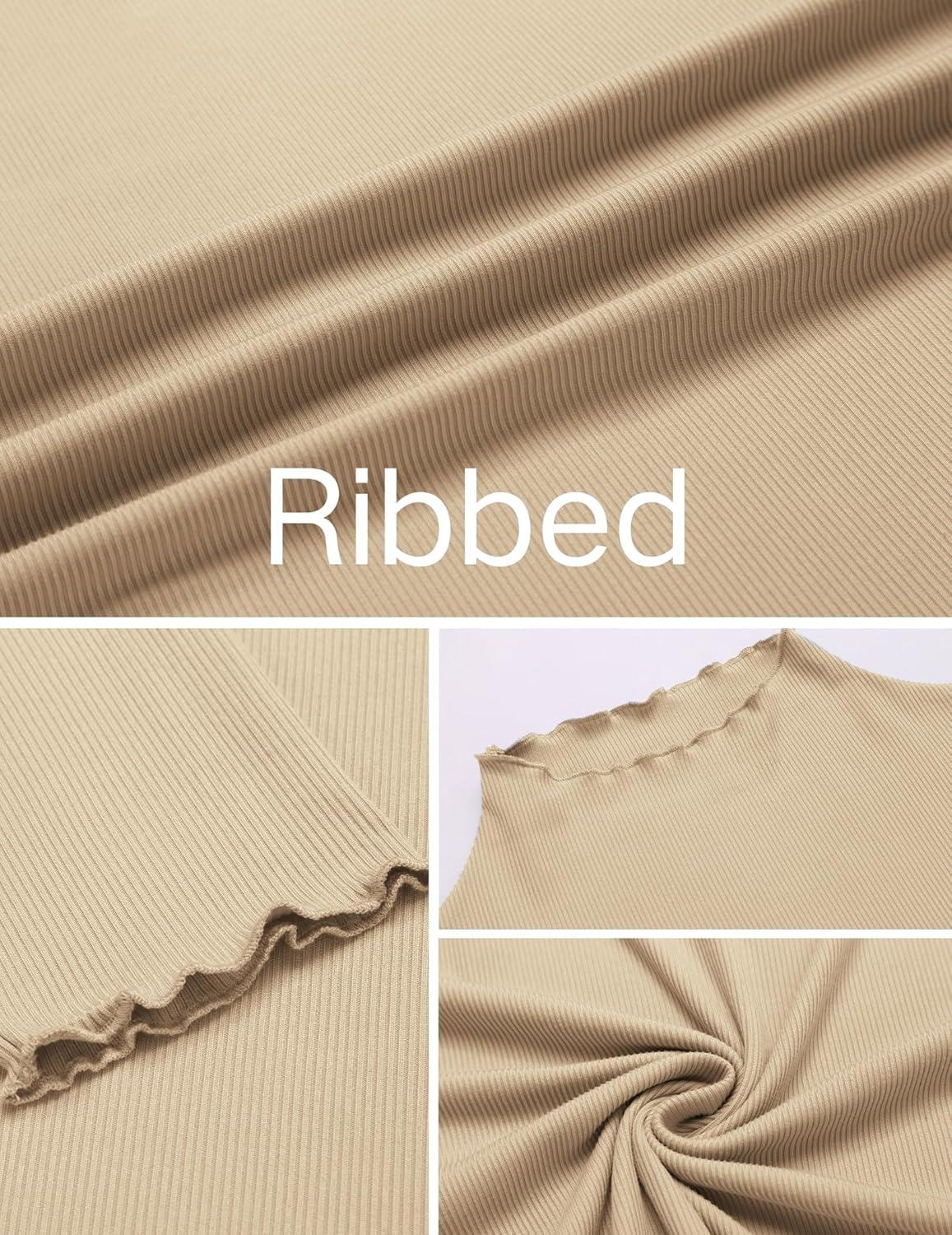 imageEkouaer Thermal Turtleneck Shirt Women Ribbed Long Sleeve Mock Neck Tops Slim Fit Lettuce Trim Base LayerBeige