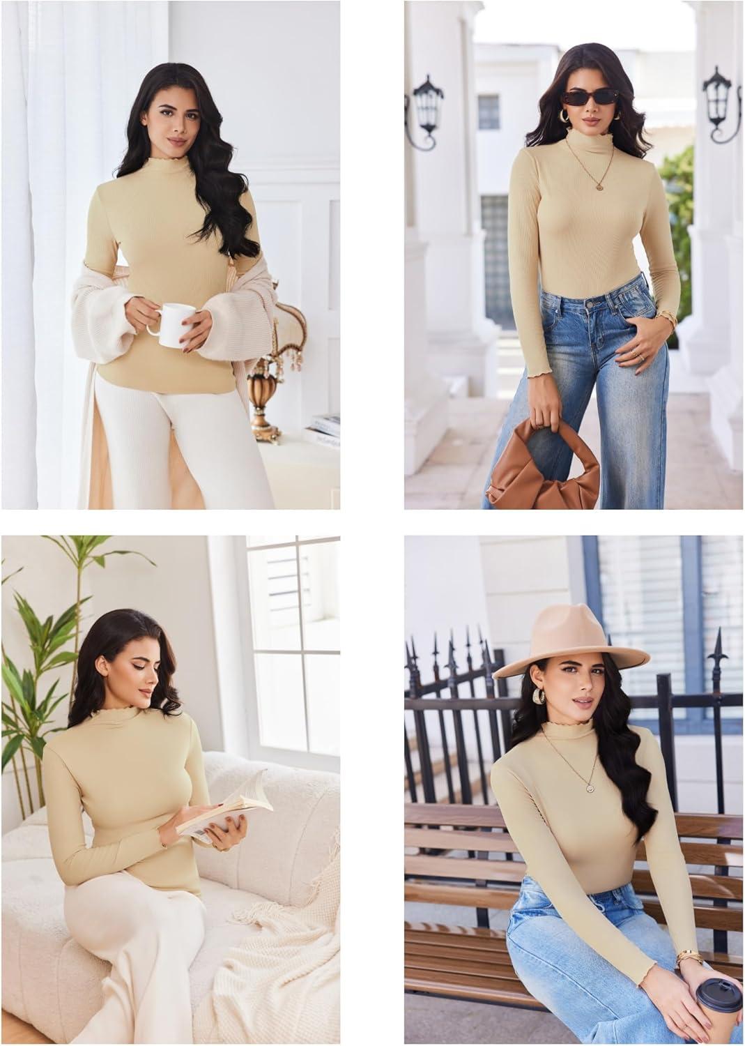 imageEkouaer Thermal Turtleneck Shirt Women Ribbed Long Sleeve Mock Neck Tops Slim Fit Lettuce Trim Base LayerBeige