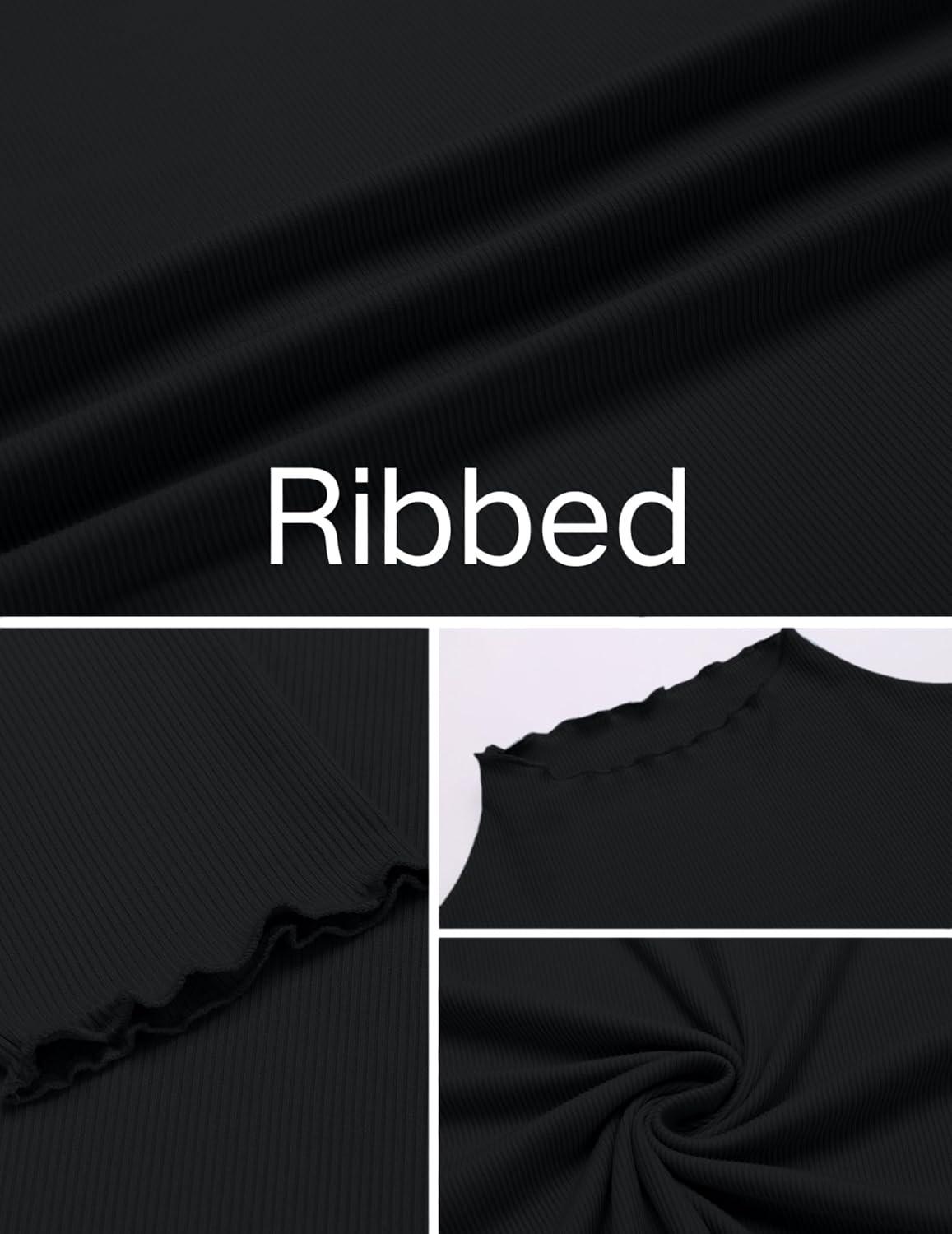 imageEkouaer Thermal Turtleneck Shirt Women Ribbed Long Sleeve Mock Neck Tops Slim Fit Lettuce Trim Base LayerBlack