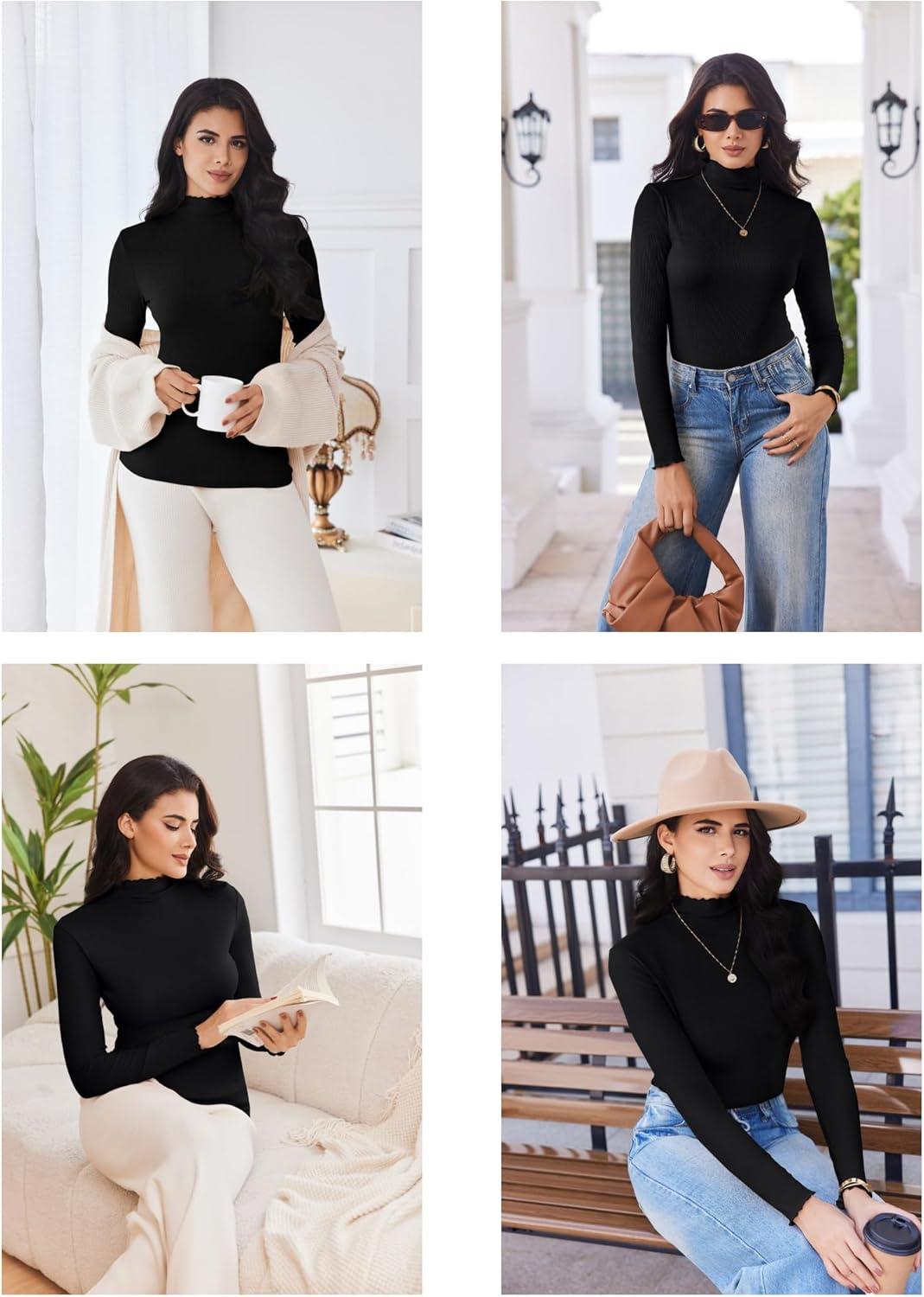 imageEkouaer Thermal Turtleneck Shirt Women Ribbed Long Sleeve Mock Neck Tops Slim Fit Lettuce Trim Base LayerBlack
