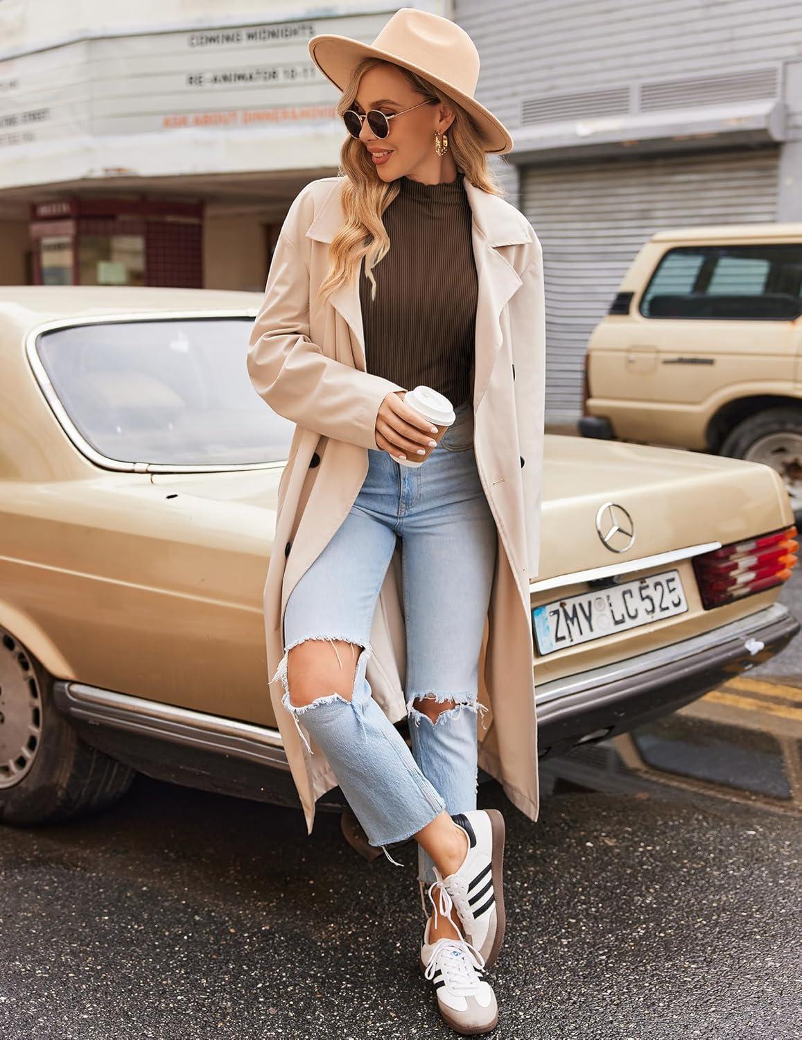 imageEkouaer Thermal Turtleneck Shirt Women Ribbed Long Sleeve Mock Neck Tops Slim Fit Lettuce Trim Base LayerBlackBrown