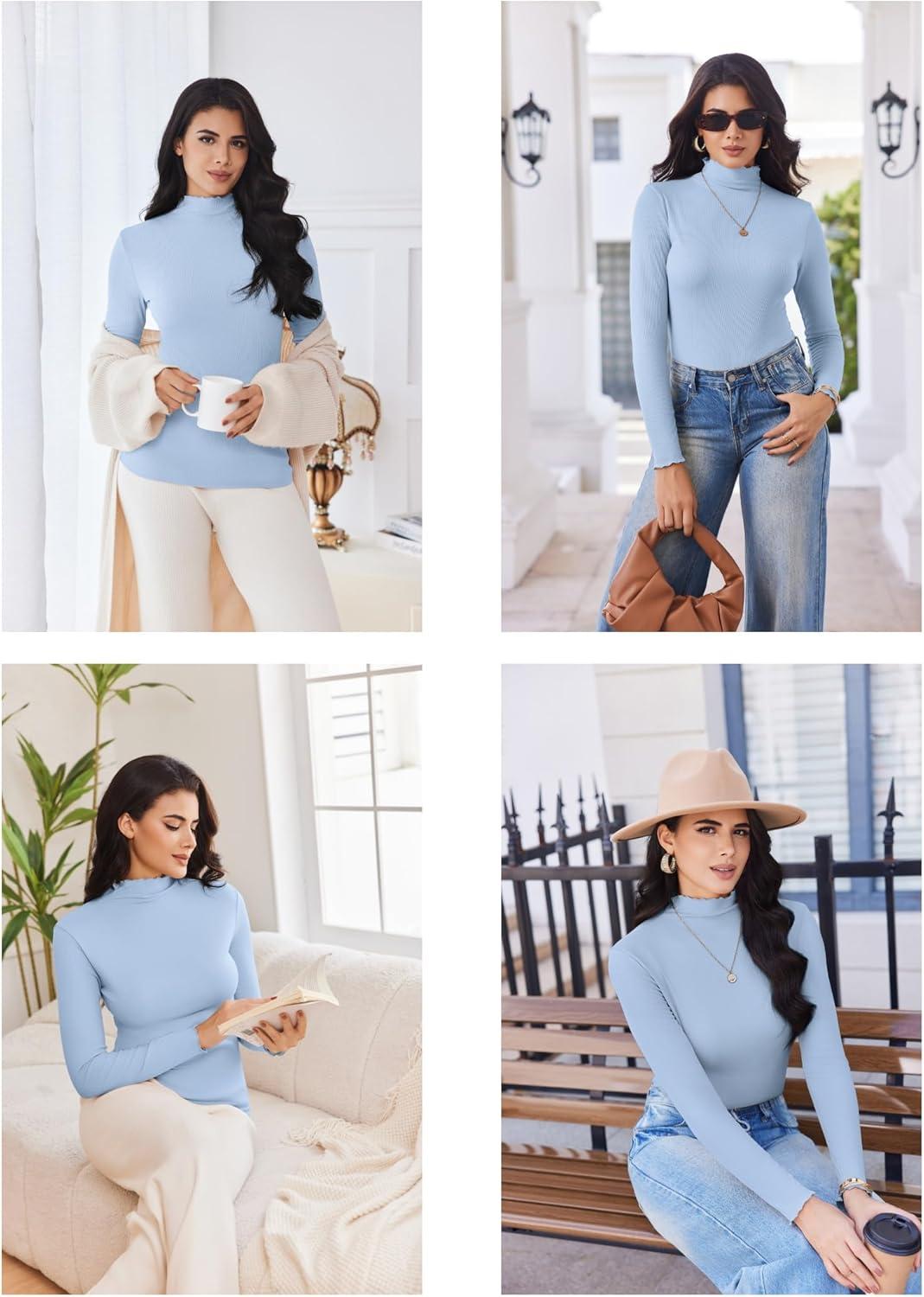 imageEkouaer Thermal Turtleneck Shirt Women Ribbed Long Sleeve Mock Neck Tops Slim Fit Lettuce Trim Base LayerBlue