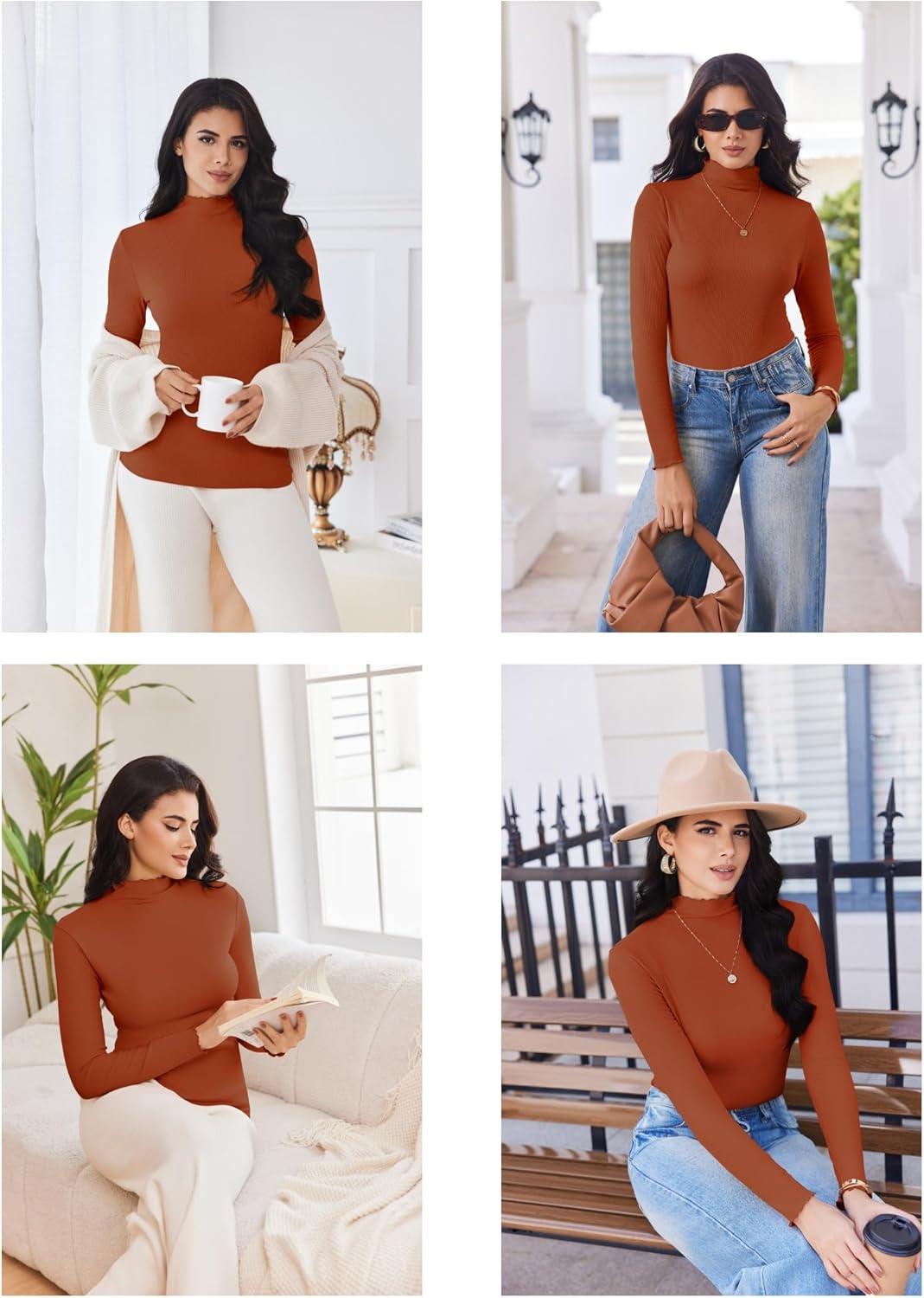 imageEkouaer Thermal Turtleneck Shirt Women Ribbed Long Sleeve Mock Neck Tops Slim Fit Lettuce Trim Base LayerCaramel