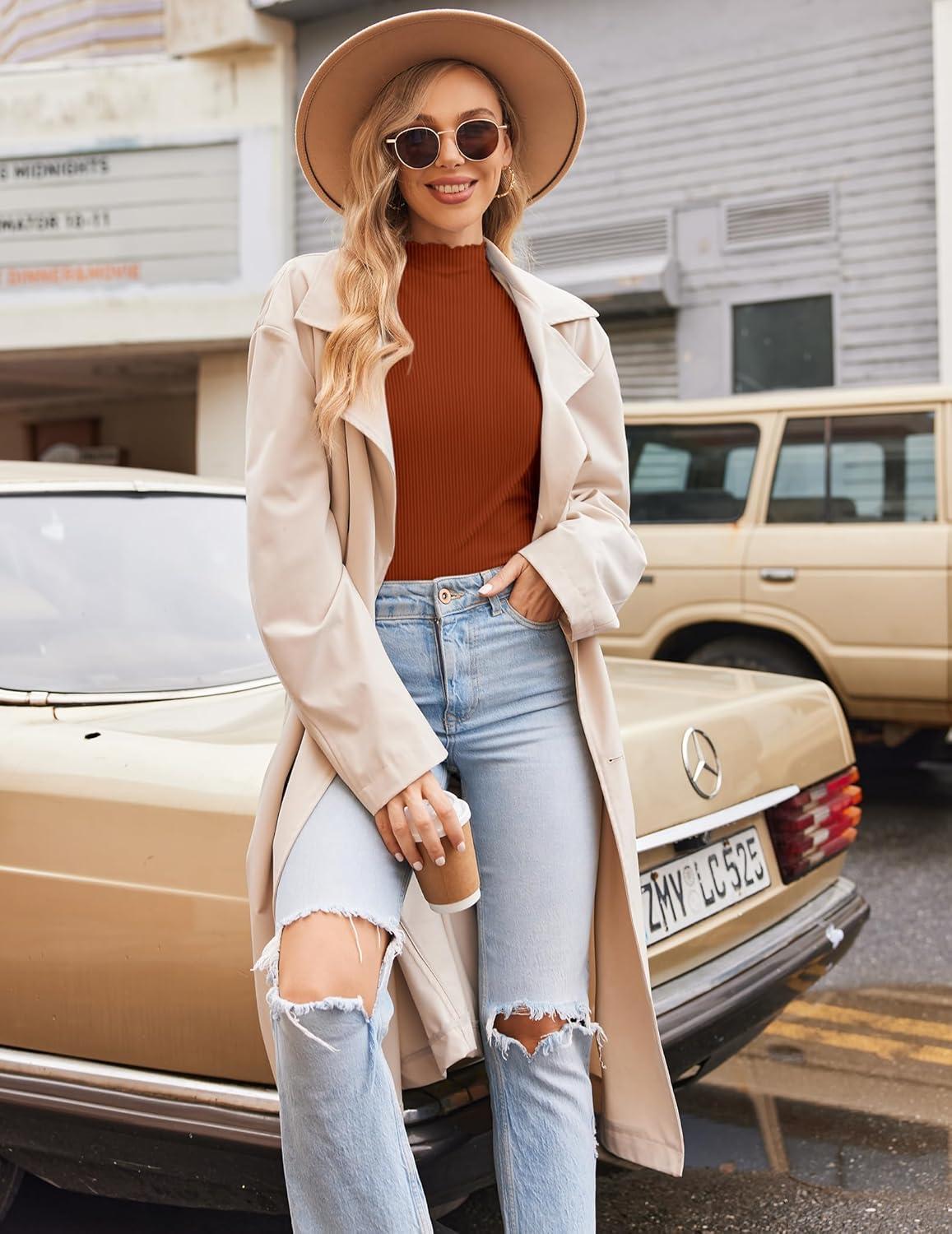imageEkouaer Thermal Turtleneck Shirt Women Ribbed Long Sleeve Mock Neck Tops Slim Fit Lettuce Trim Base LayerCaramel