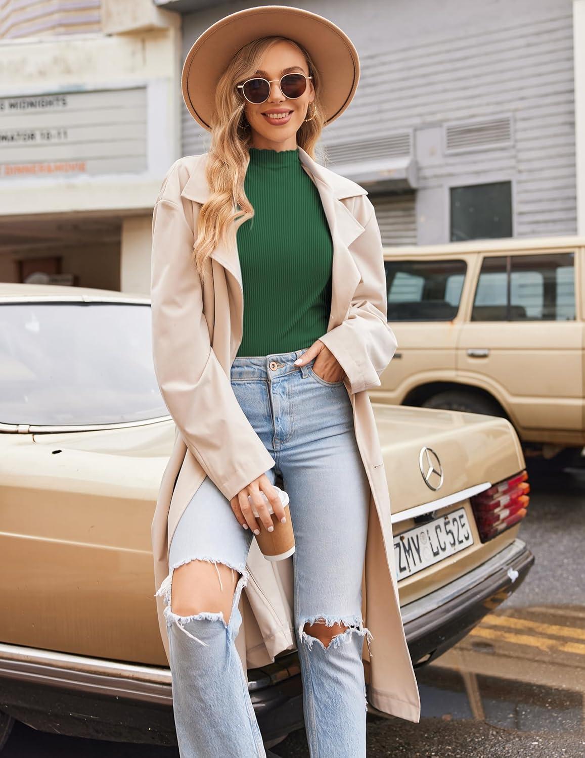 imageEkouaer Thermal Turtleneck Shirt Women Ribbed Long Sleeve Mock Neck Tops Slim Fit Lettuce Trim Base LayerGreen