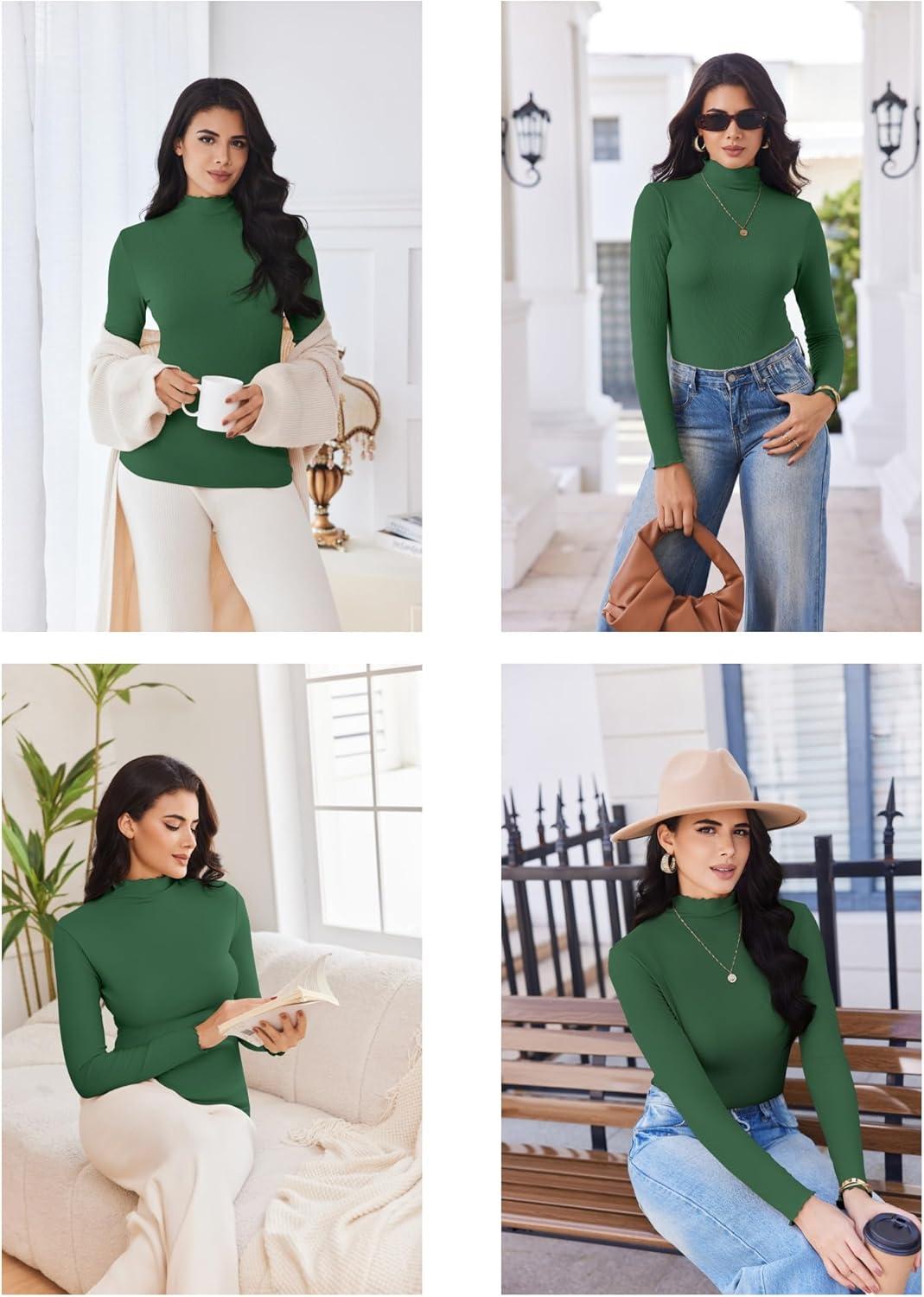 imageEkouaer Thermal Turtleneck Shirt Women Ribbed Long Sleeve Mock Neck Tops Slim Fit Lettuce Trim Base LayerGreen