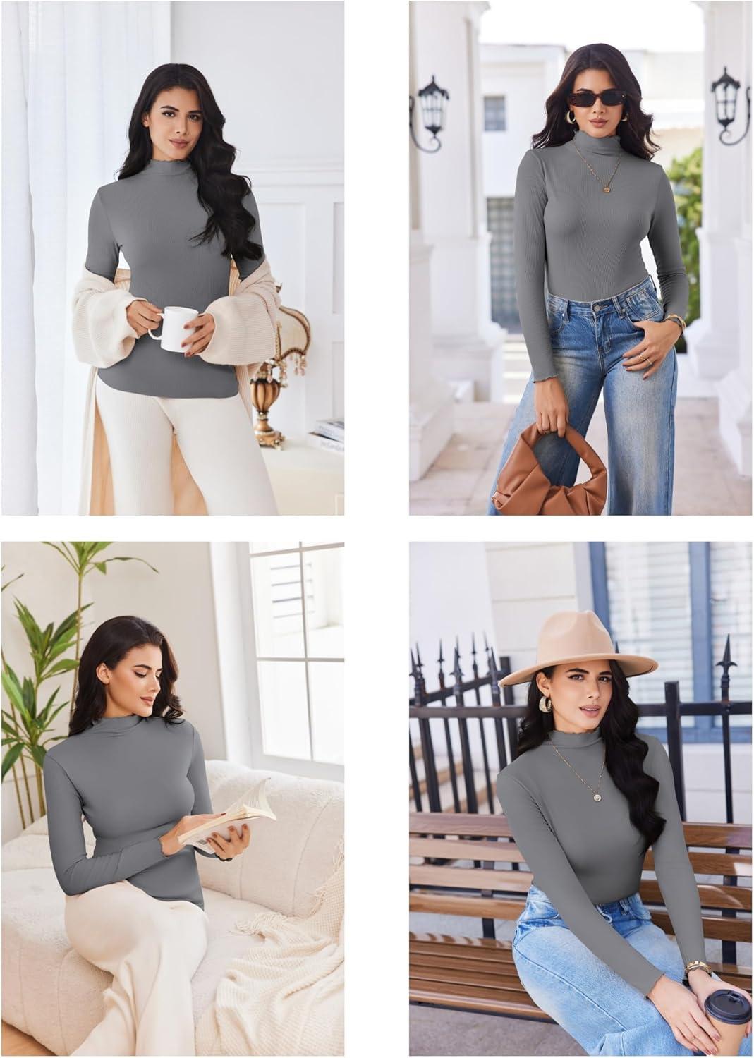 imageEkouaer Thermal Turtleneck Shirt Women Ribbed Long Sleeve Mock Neck Tops Slim Fit Lettuce Trim Base LayerGrey
