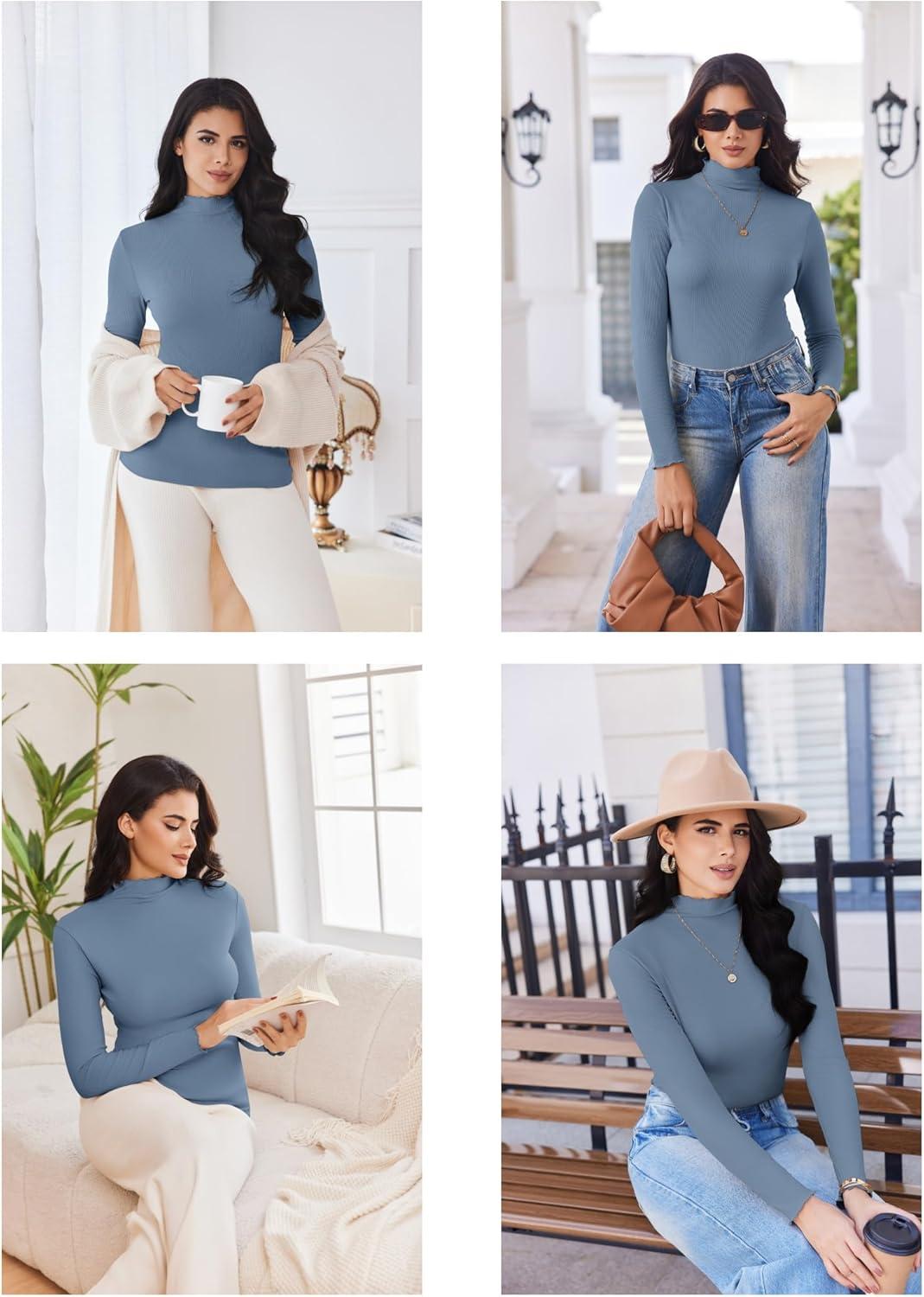 imageEkouaer Thermal Turtleneck Shirt Women Ribbed Long Sleeve Mock Neck Tops Slim Fit Lettuce Trim Base LayerGrey Blue