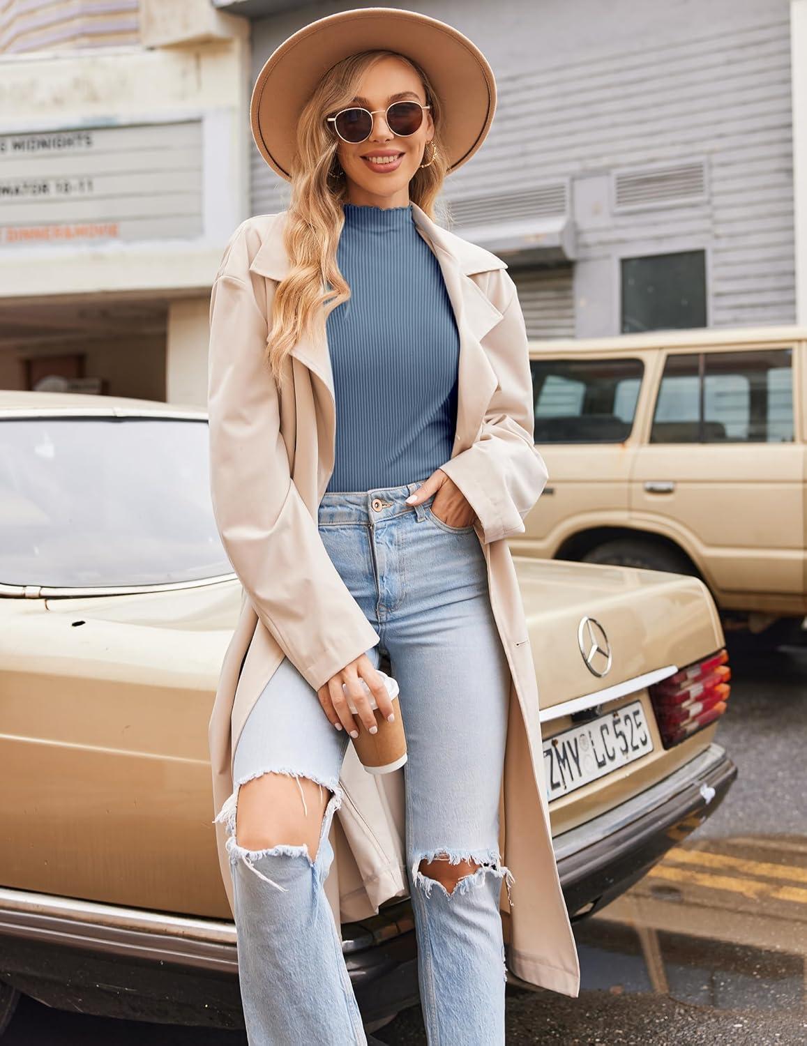 imageEkouaer Thermal Turtleneck Shirt Women Ribbed Long Sleeve Mock Neck Tops Slim Fit Lettuce Trim Base LayerGrey Blue