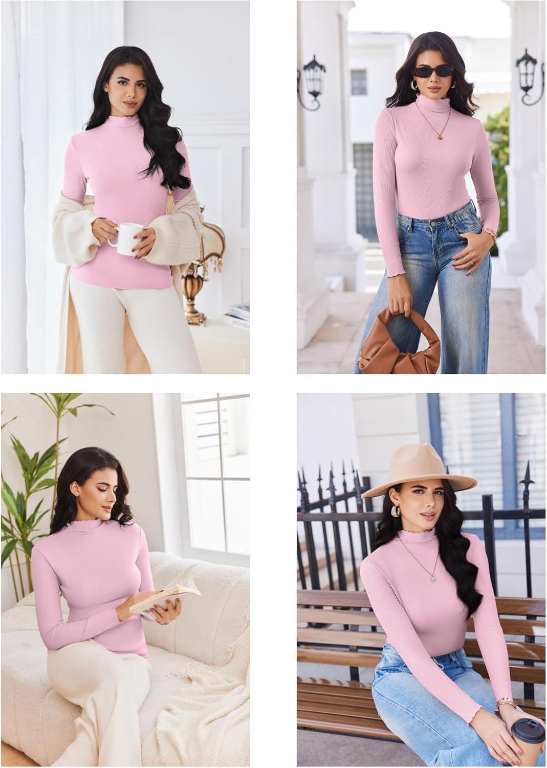 imageEkouaer Thermal Turtleneck Shirt Women Ribbed Long Sleeve Mock Neck Tops Slim Fit Lettuce Trim Base LayerPink