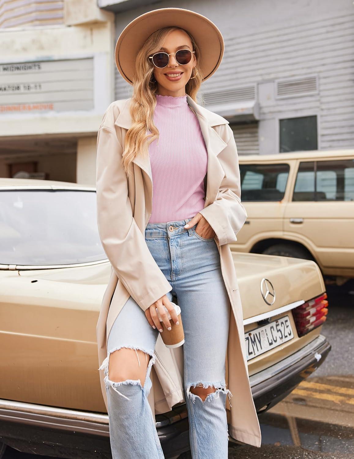 imageEkouaer Thermal Turtleneck Shirt Women Ribbed Long Sleeve Mock Neck Tops Slim Fit Lettuce Trim Base LayerPink