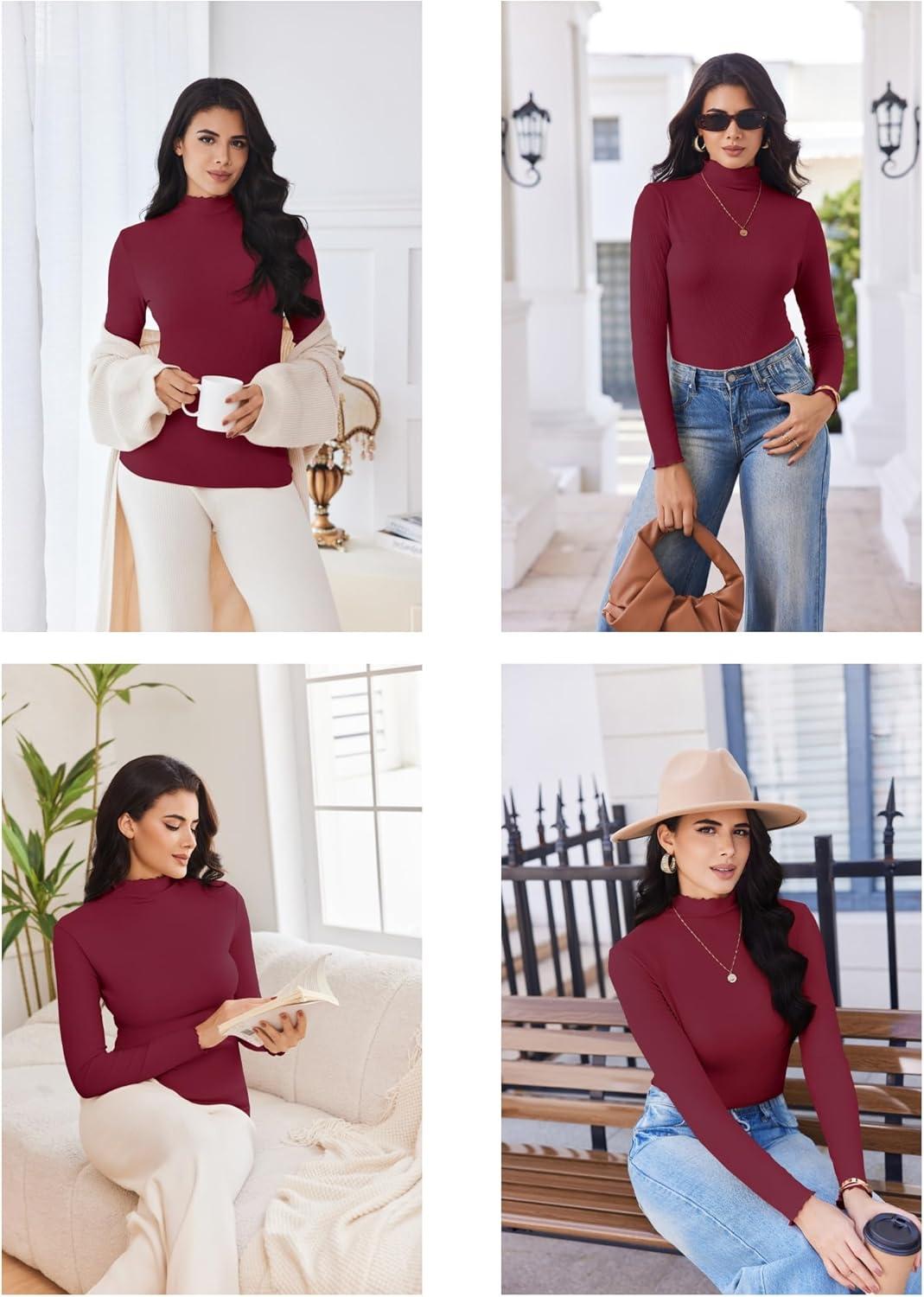 imageEkouaer Thermal Turtleneck Shirt Women Ribbed Long Sleeve Mock Neck Tops Slim Fit Lettuce Trim Base LayerRed