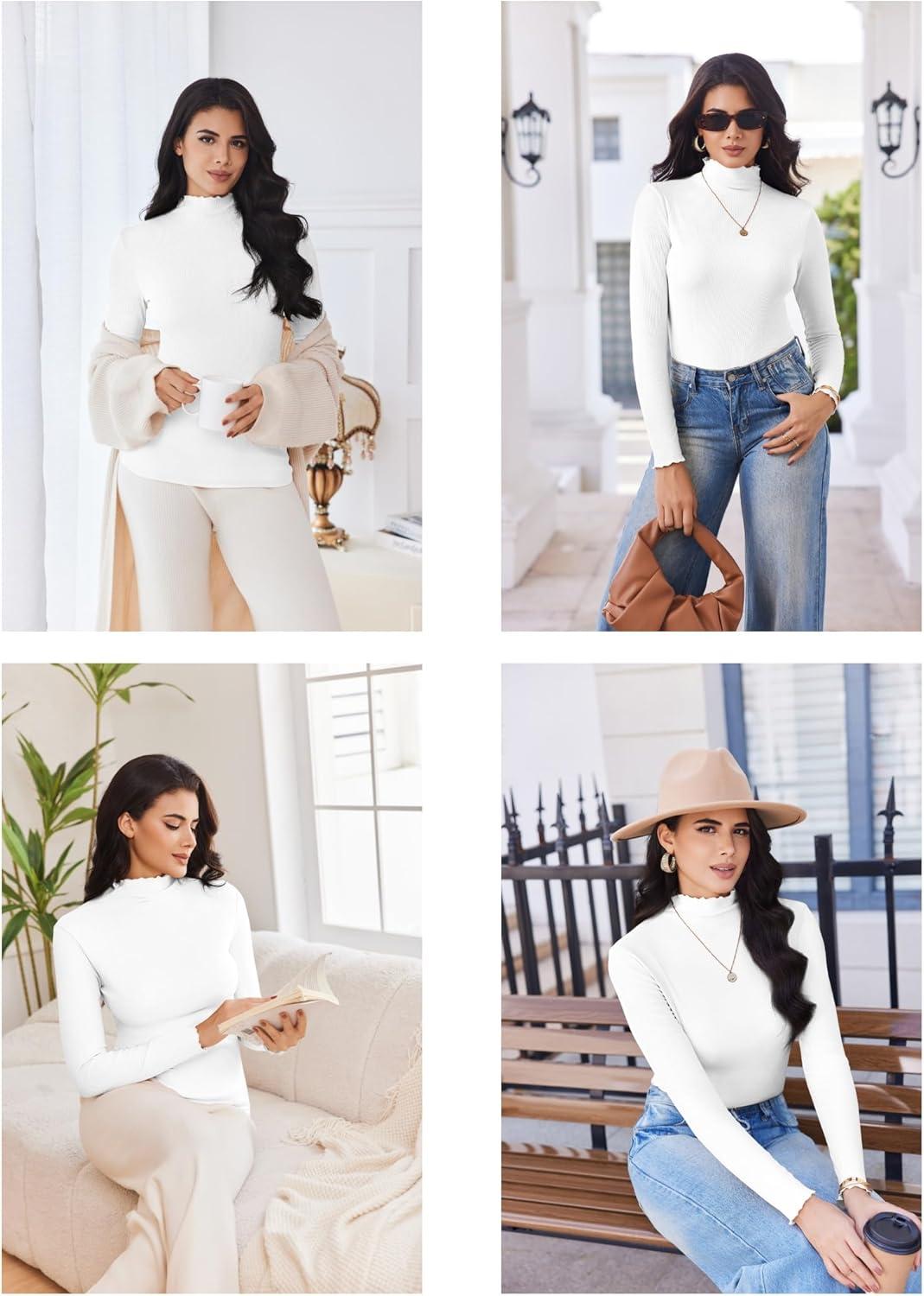 imageEkouaer Thermal Turtleneck Shirt Women Ribbed Long Sleeve Mock Neck Tops Slim Fit Lettuce Trim Base LayerWhite