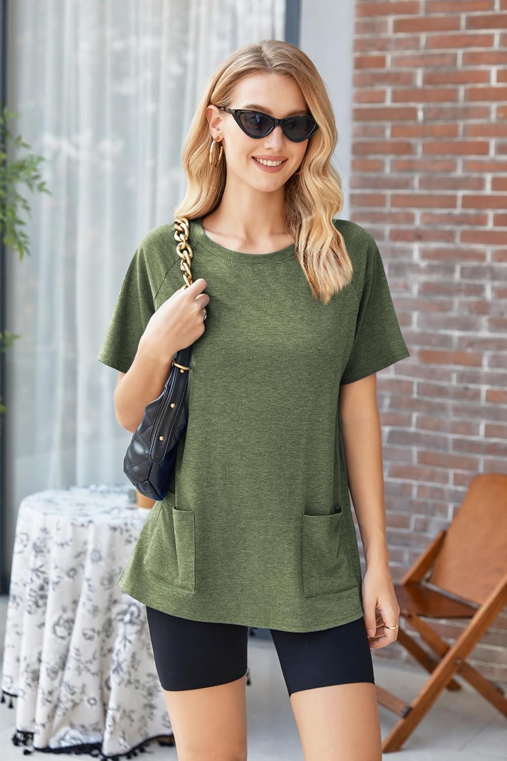 imageEkouaer Two Piece Sets for Women Summer Outfits 2026 Lounge Set Crew Neck Tshirts Biker Short Sweatsuit with PocketArmy Green