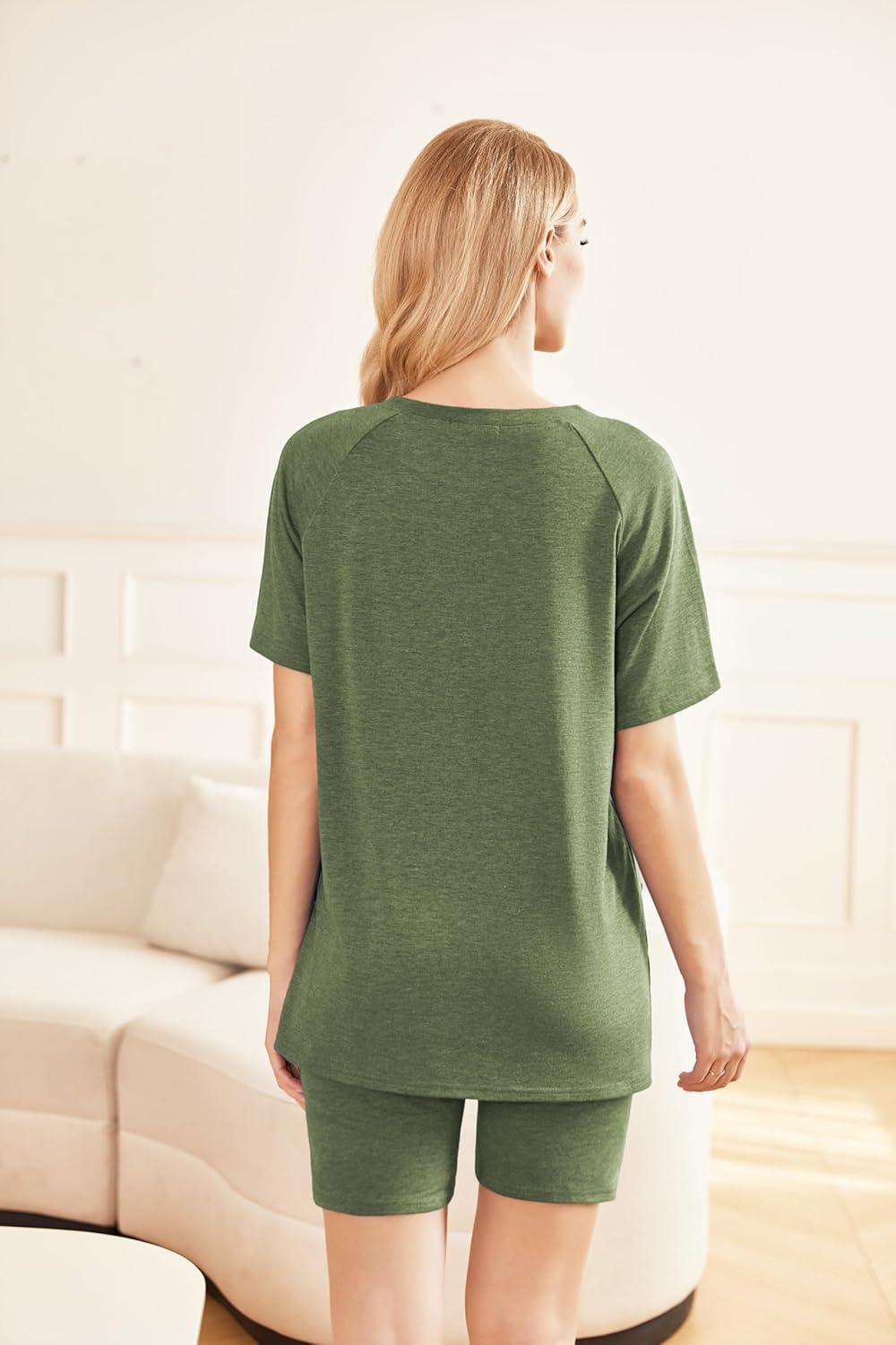 imageEkouaer Two Piece Sets for Women Summer Outfits 2026 Lounge Set Crew Neck Tshirts Biker Short Sweatsuit with PocketArmy Green