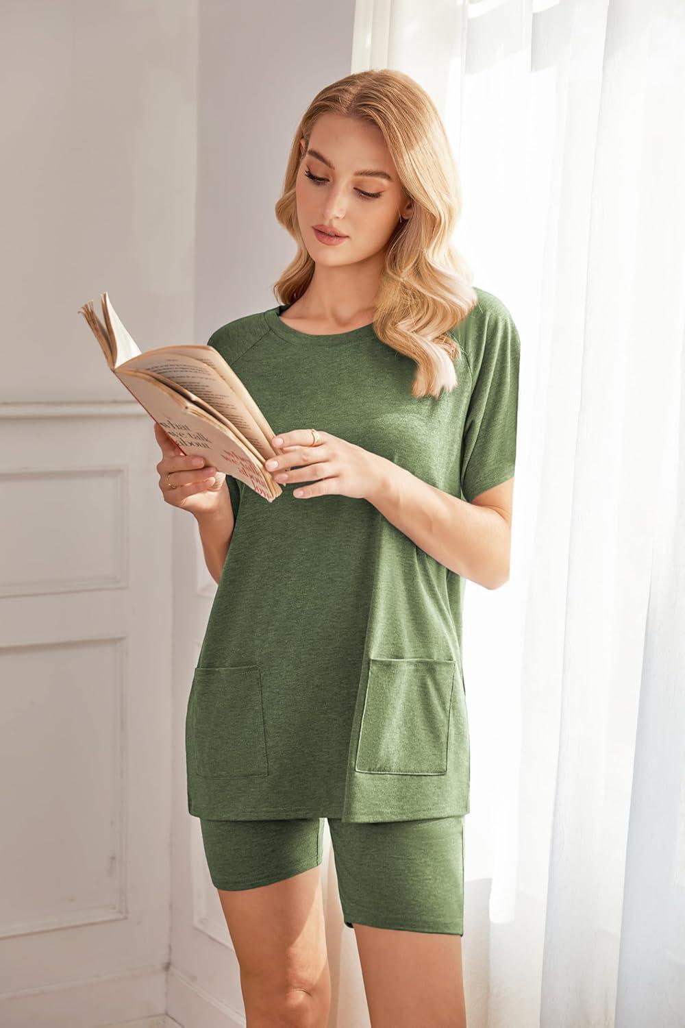 imageEkouaer Two Piece Sets for Women Summer Outfits 2026 Lounge Set Crew Neck Tshirts Biker Short Sweatsuit with PocketArmy Green