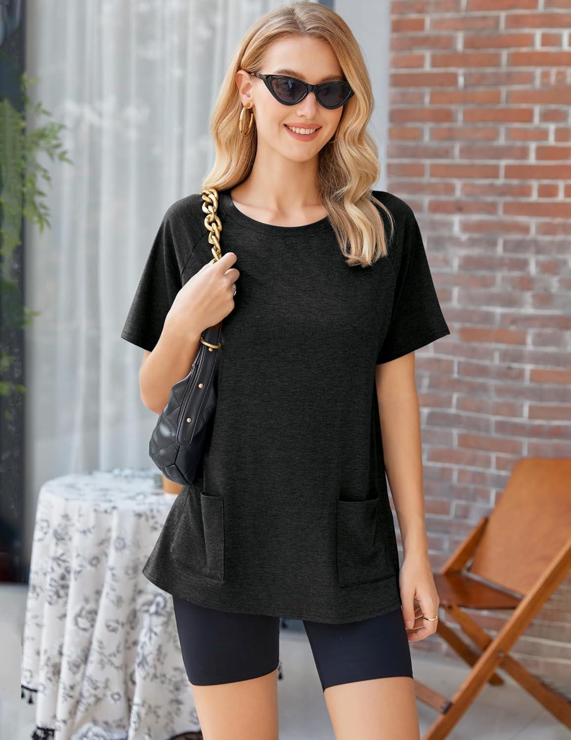 imageEkouaer Two Piece Sets for Women Summer Outfits 2026 Lounge Set Crew Neck Tshirts Biker Short Sweatsuit with PocketBlack