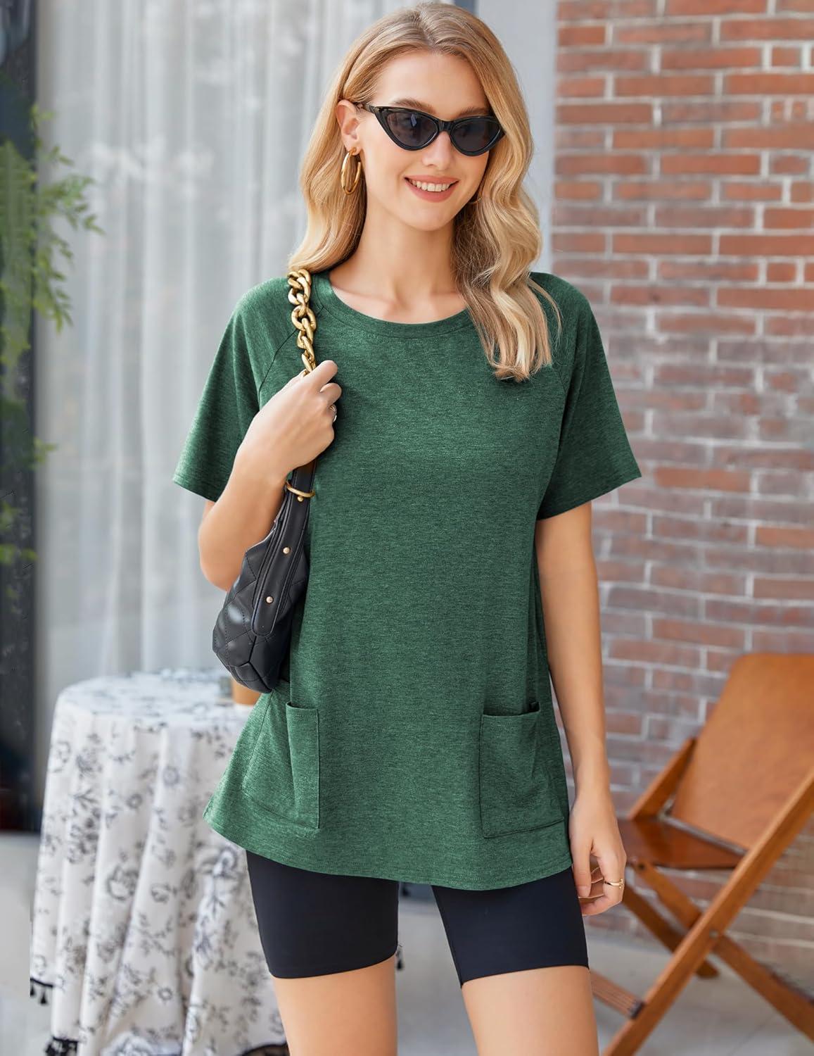 imageEkouaer Two Piece Sets for Women Summer Outfits 2026 Lounge Set Crew Neck Tshirts Biker Short Sweatsuit with PocketBright Green