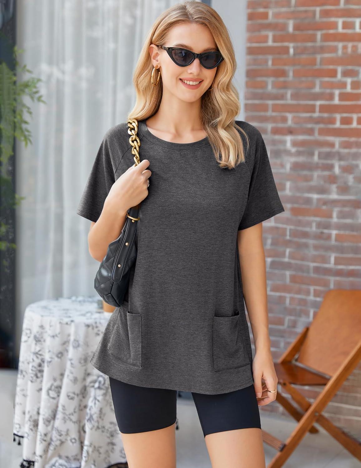 imageEkouaer Two Piece Sets for Women Summer Outfits 2026 Lounge Set Crew Neck Tshirts Biker Short Sweatsuit with PocketDark Gray